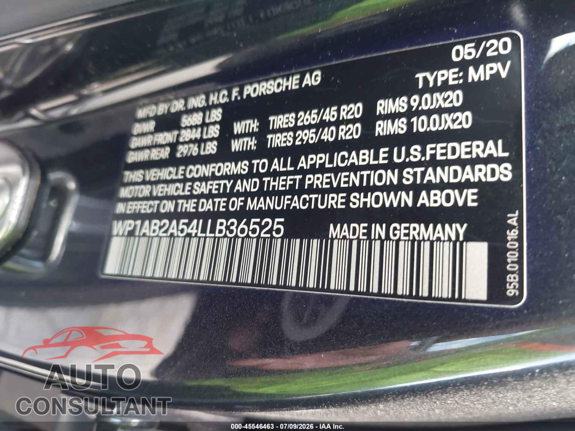 PORSCHE MACAN 2020 - WP1AB2A54LLB36525