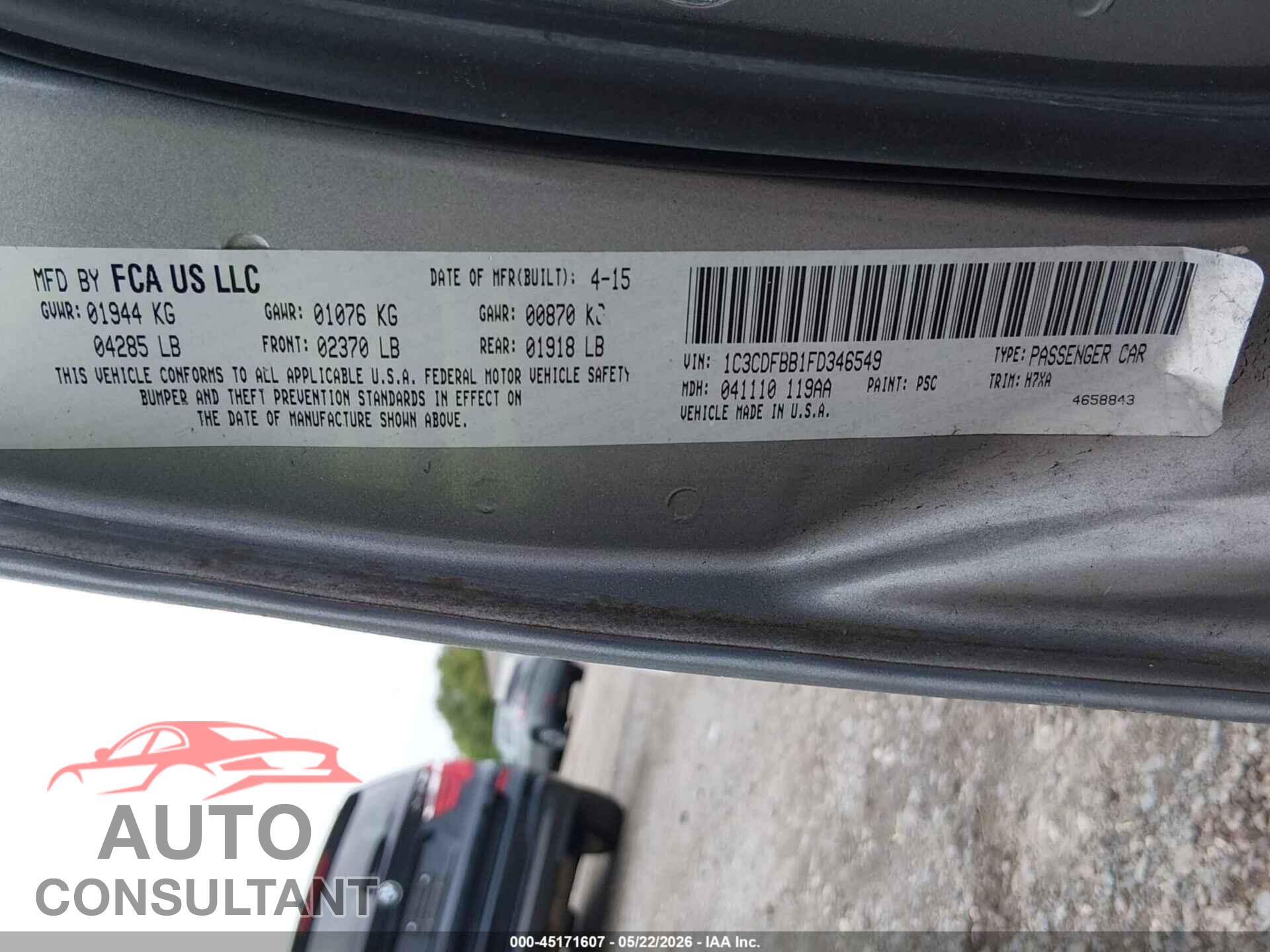 DODGE DART 2015 - 1C3CDFBB1FD346549