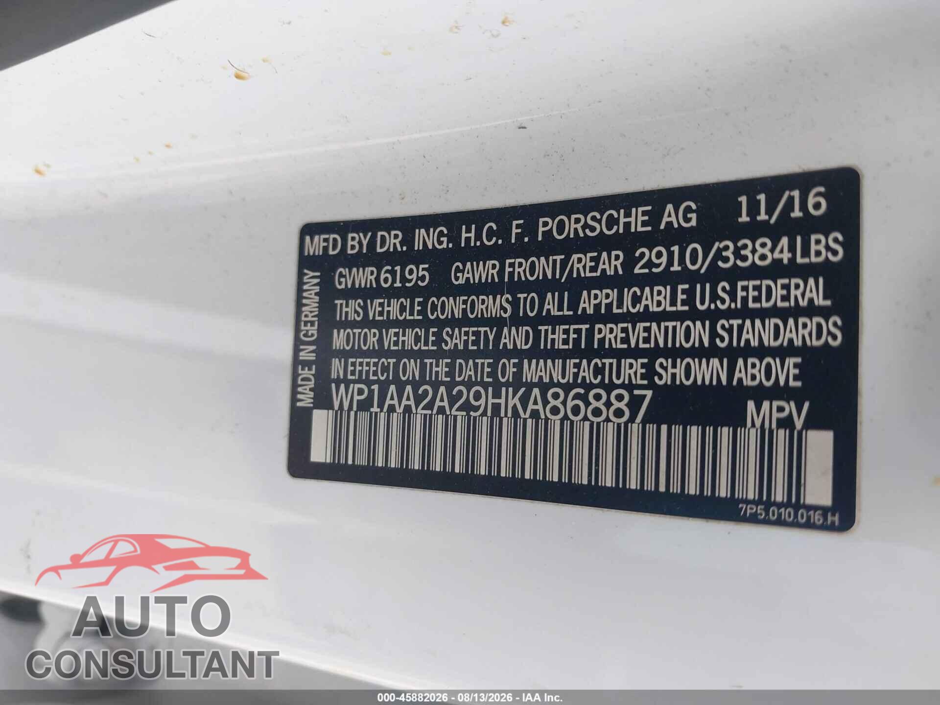 PORSCHE CAYENNE 2017 - WP1AA2A29HKA86887
