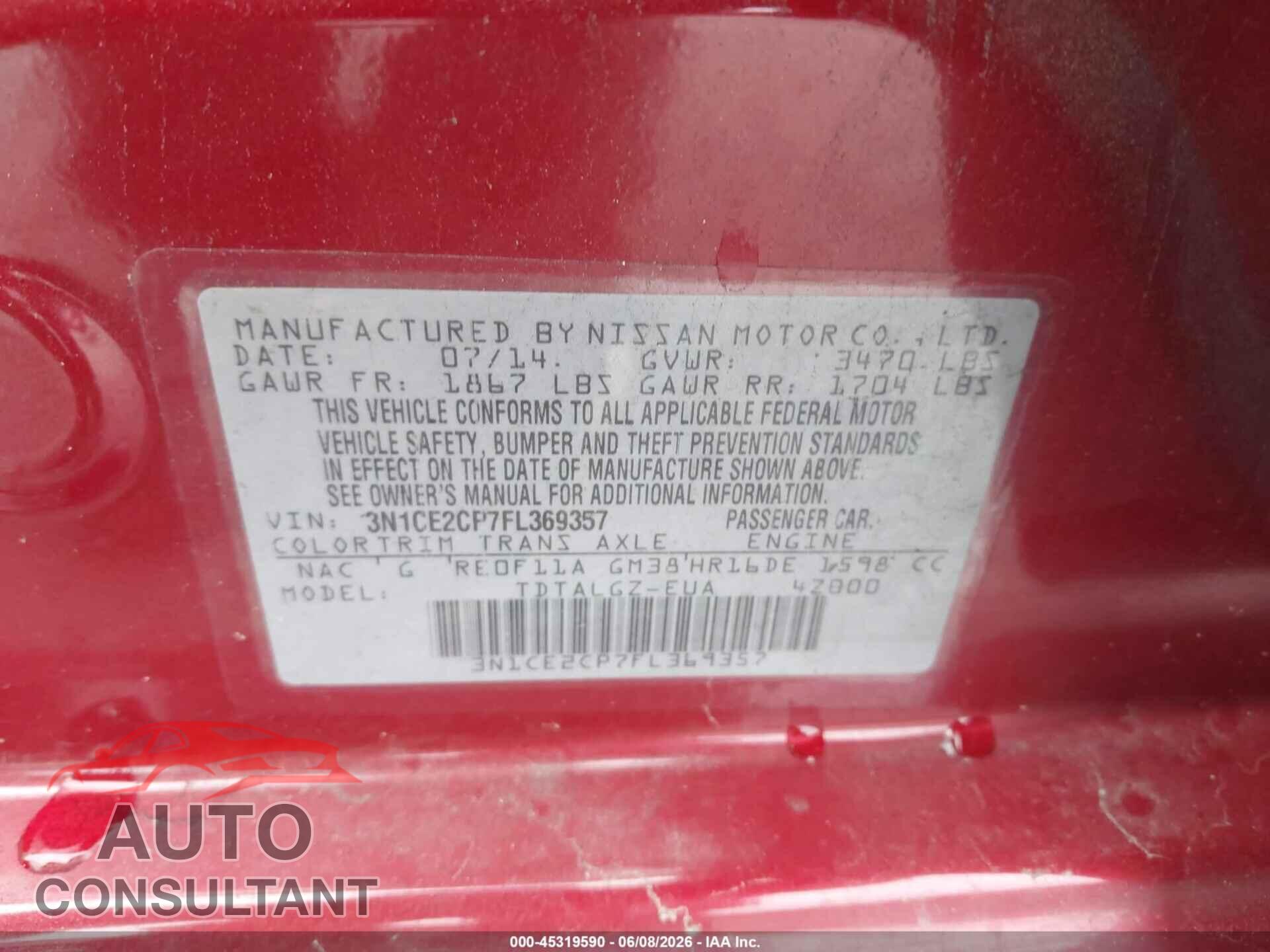 NISSAN VERSA NOTE 2015 - 3N1CE2CP7FL369357