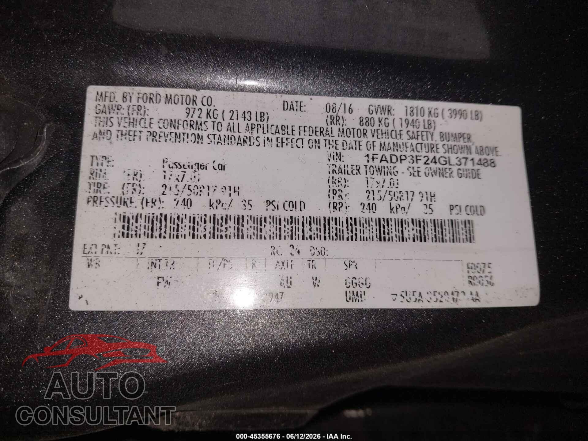 FORD FOCUS 2016 - 1FADP3F24GL371488