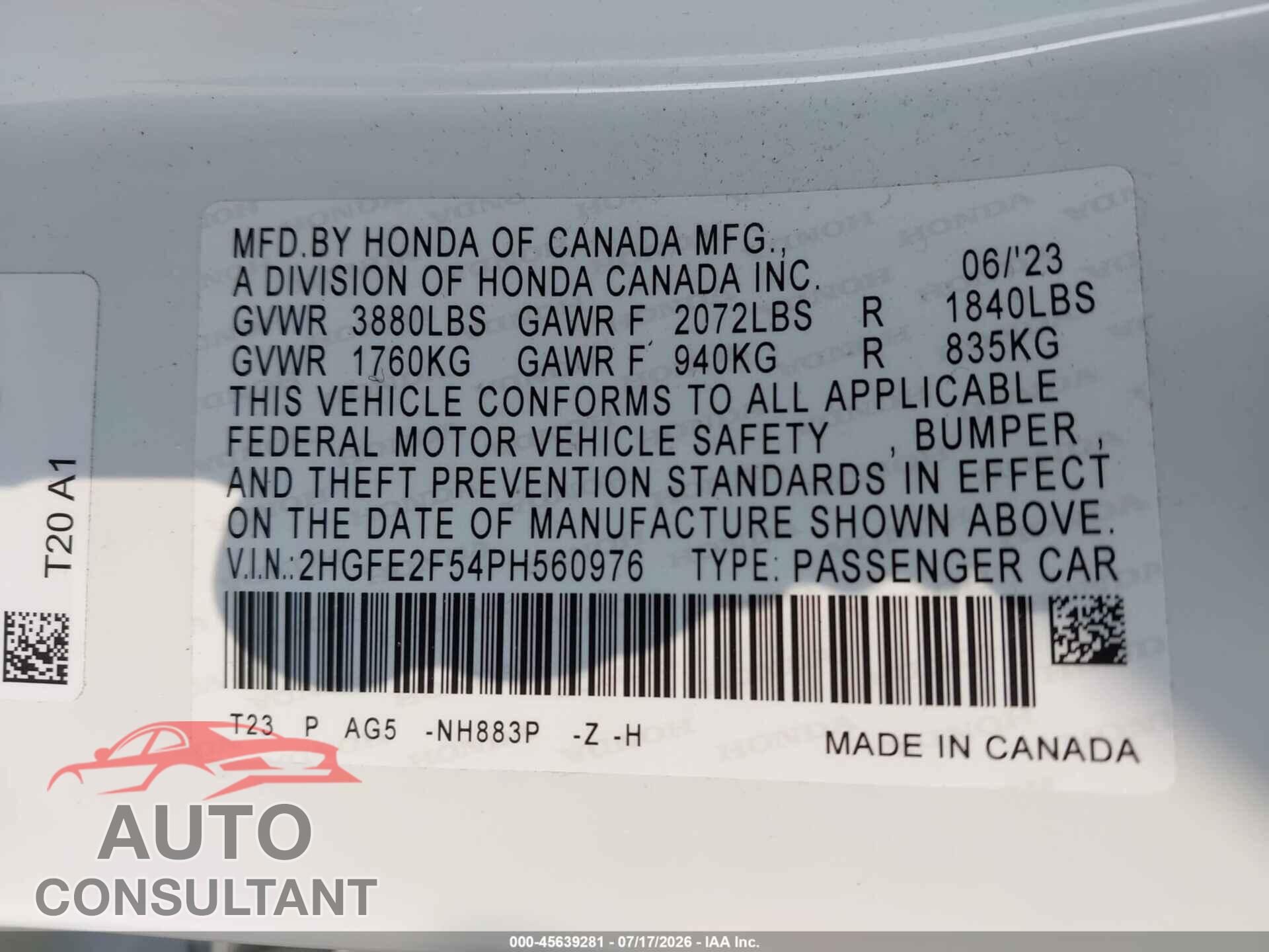 HONDA CIVIC 2023 - 2HGFE2F54PH560976