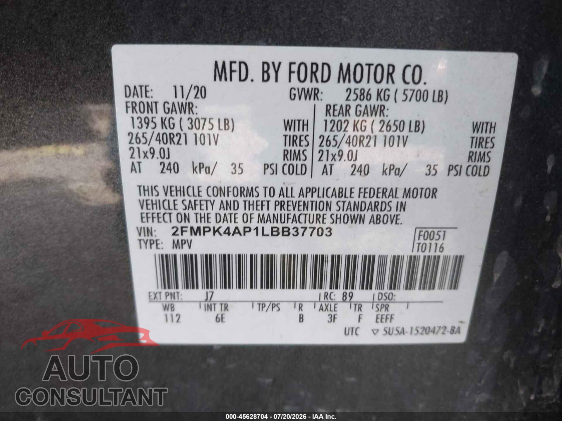FORD EDGE 2020 - 2FMPK4AP1LBB37703