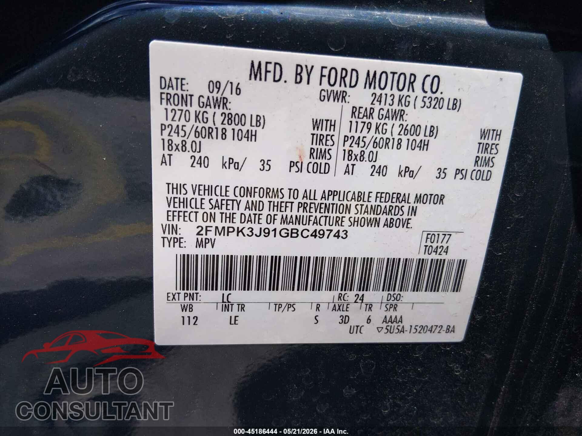 FORD EDGE 2016 - 2FMPK3J91GBC49743