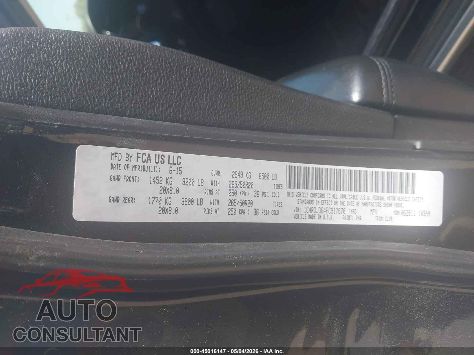 DODGE DURANGO 2015 - 1C4RDJDG4FC917670