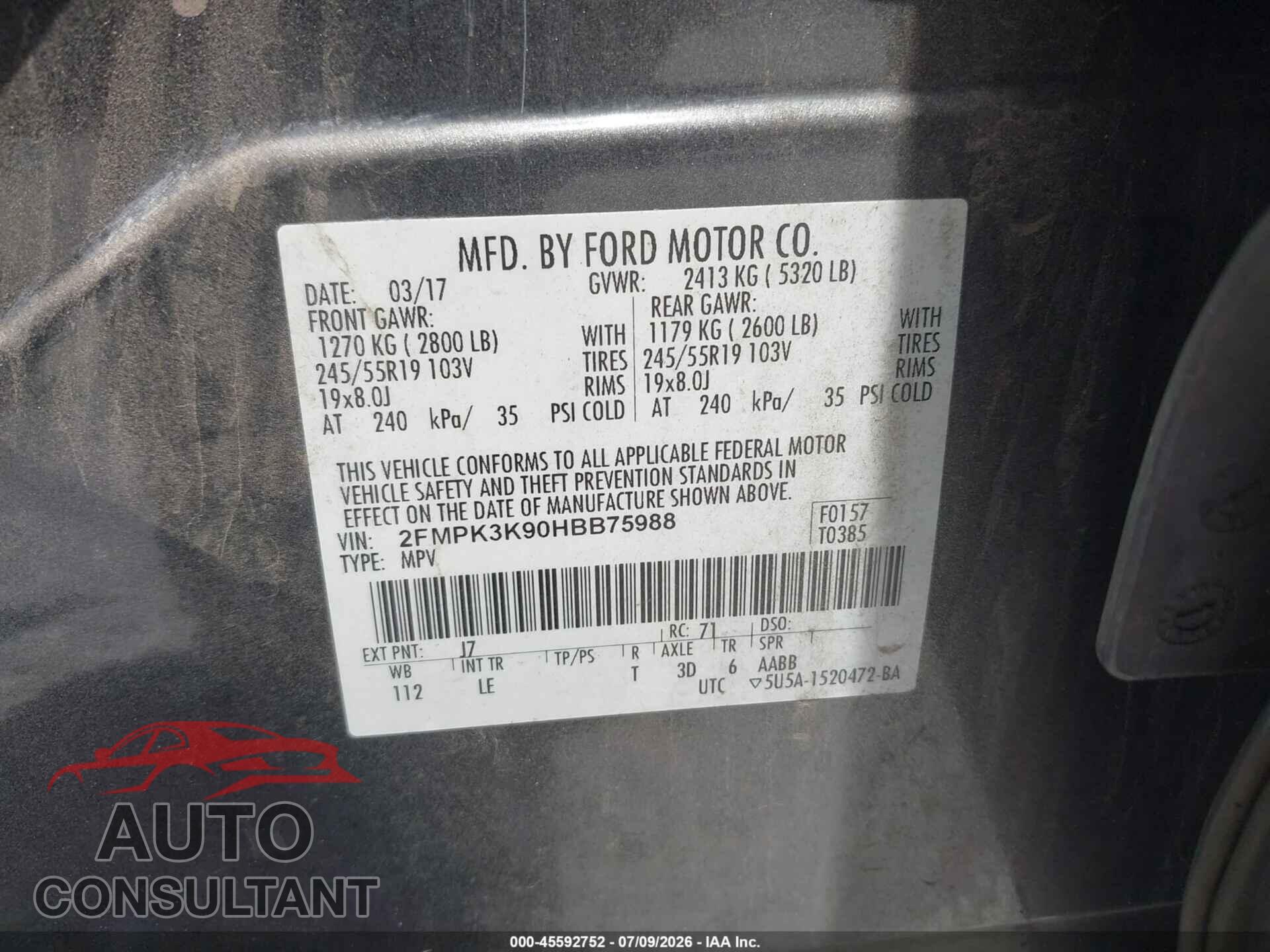 FORD EDGE 2017 - 2FMPK3K90HBB75988