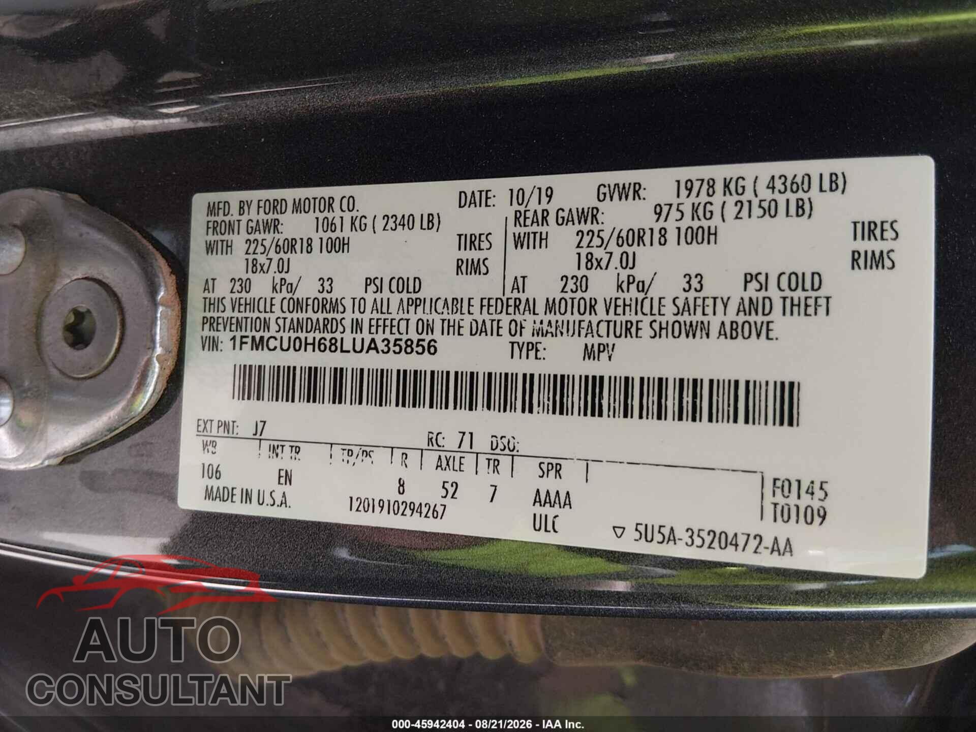 FORD ESCAPE 2020 - 1FMCU0H68LUA35856