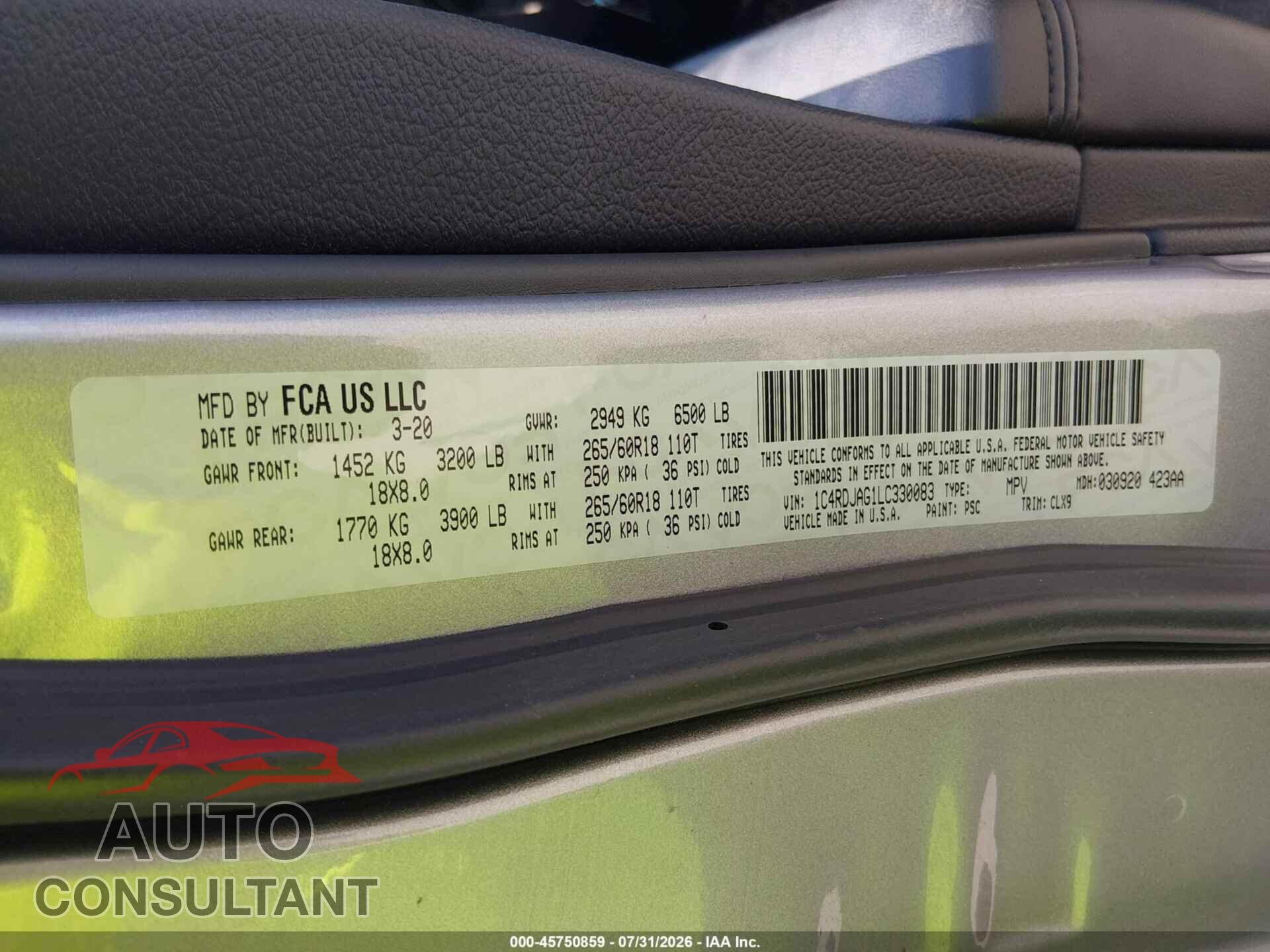 DODGE DURANGO 2020 - 1C4RDJAG1LC330083