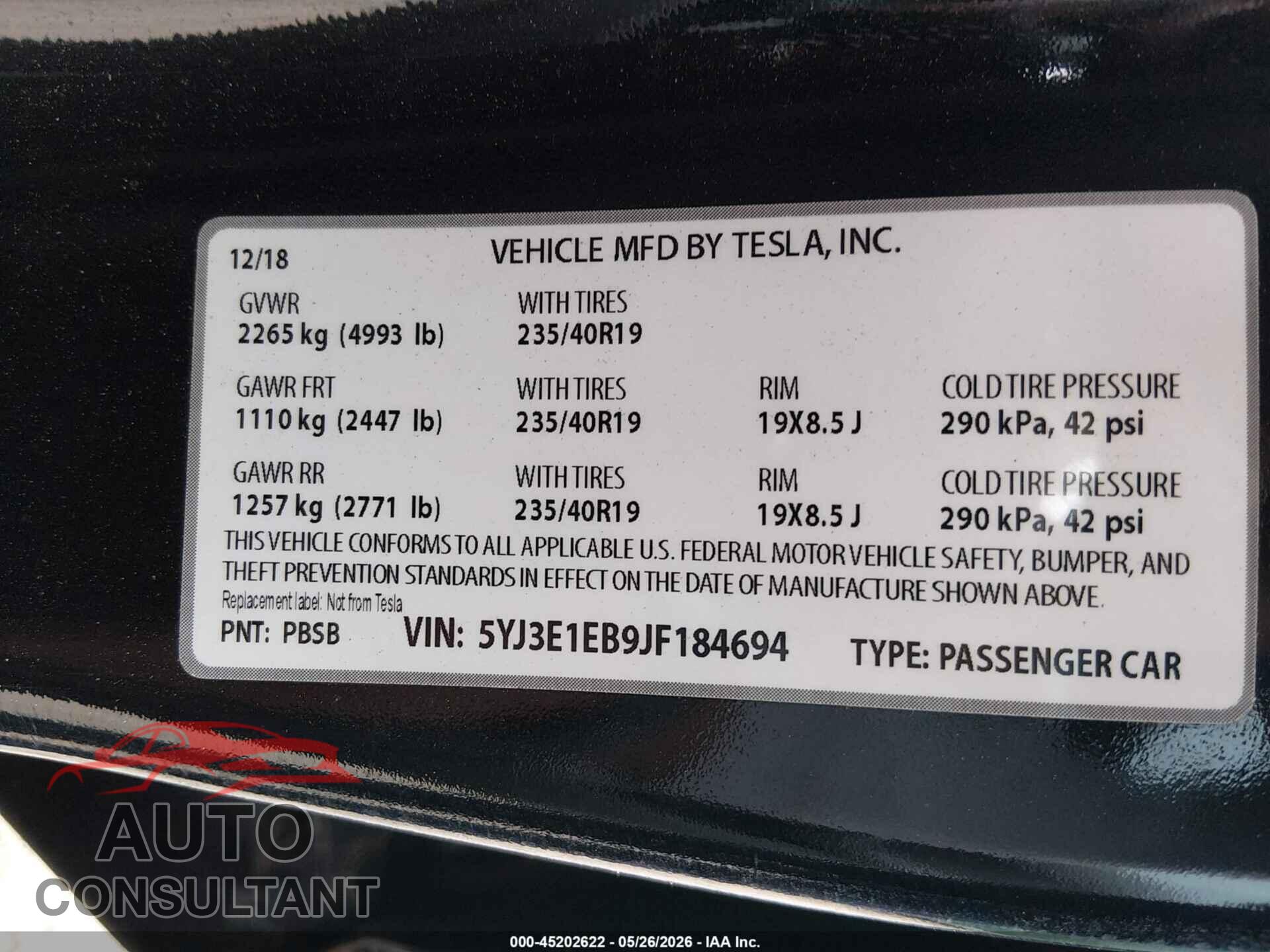 TESLA MODEL 3 2018 - 5YJ3E1EB9JF184694
