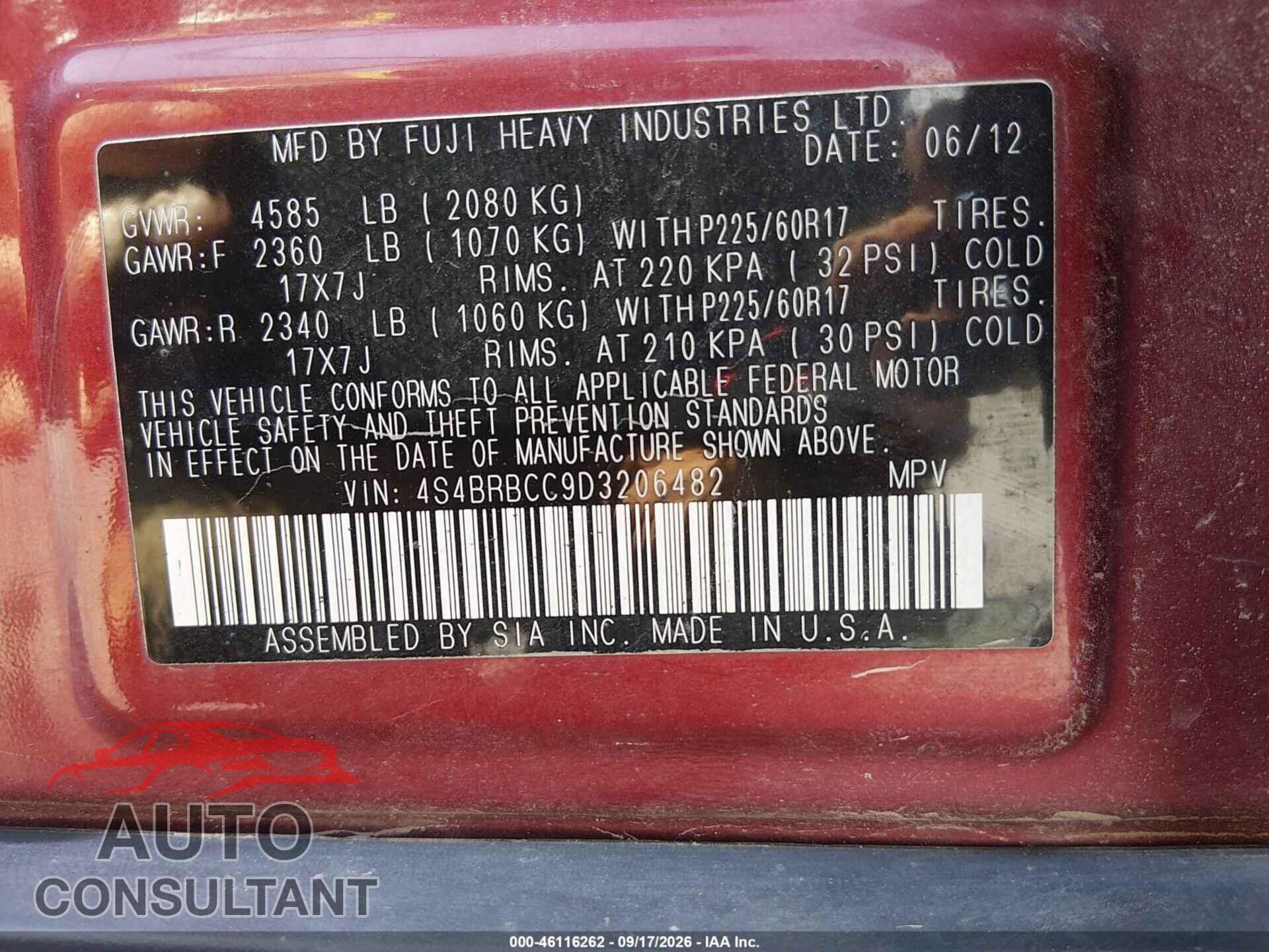 SUBARU OUTBACK 2013 - 4S4BRBCC9D3206482