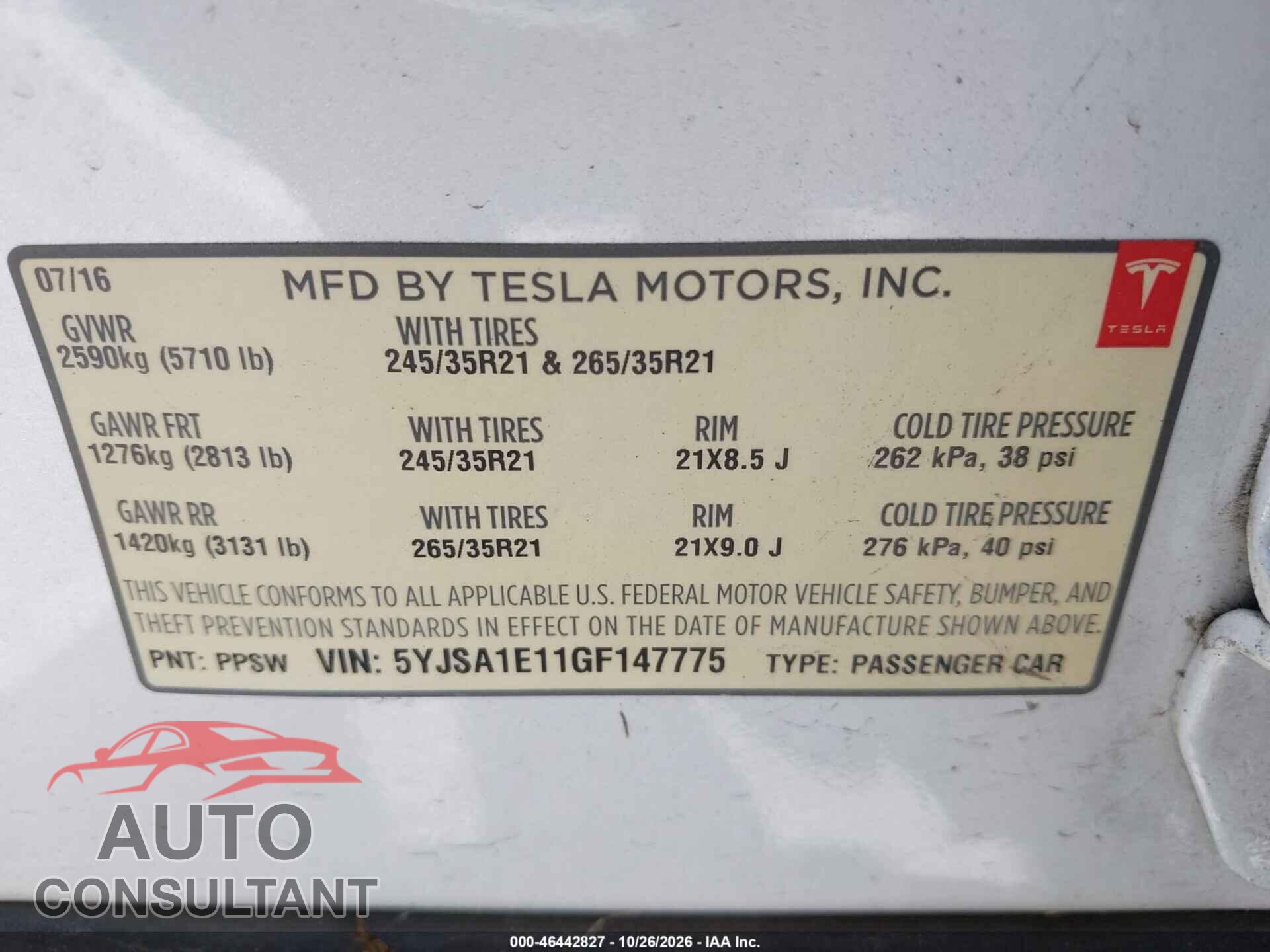 TESLA MODEL S 2016 - 5YJSA1E11GF147775