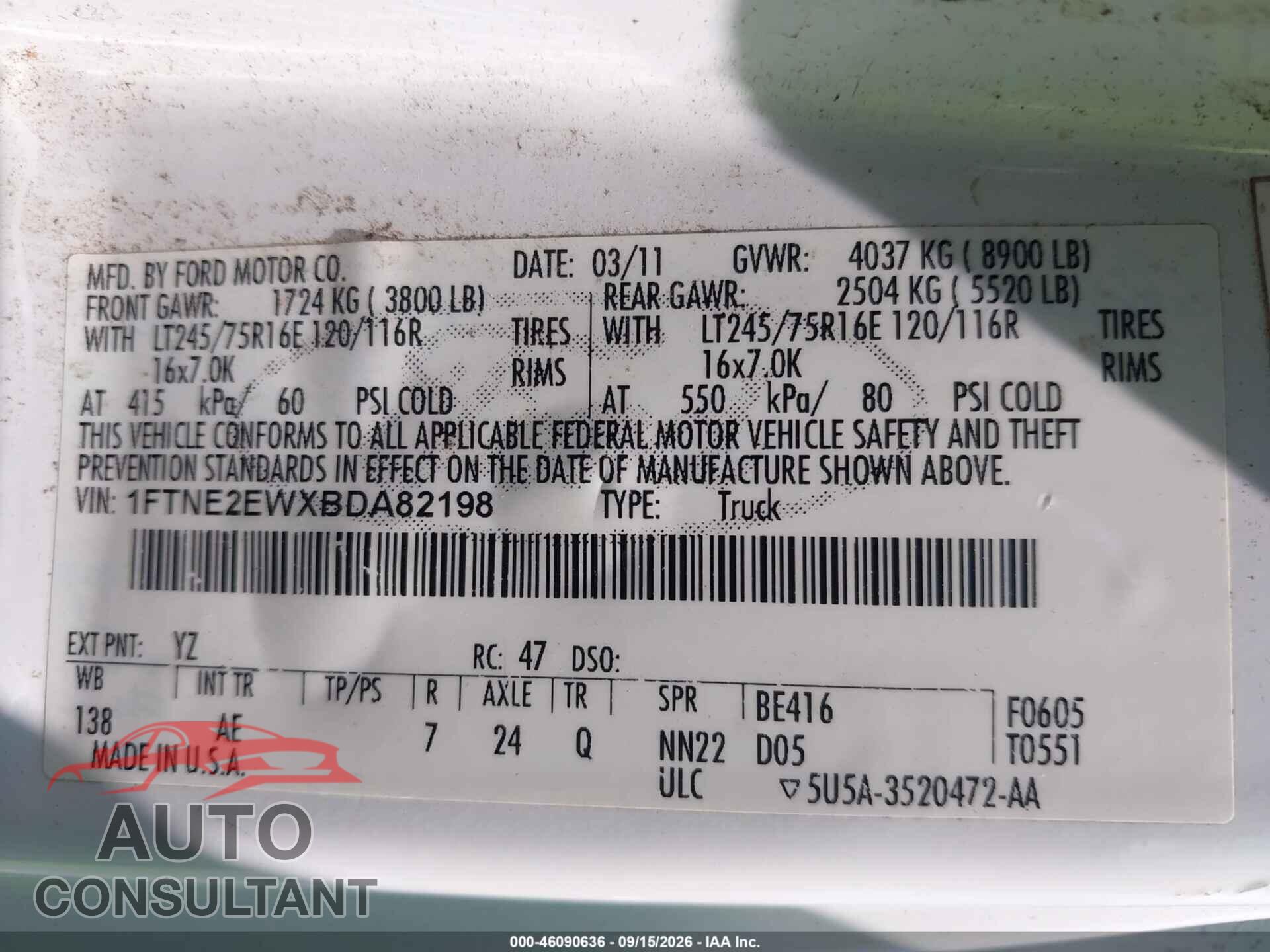 FORD E-250 2011 - 1FTNE2EWXBDA82198