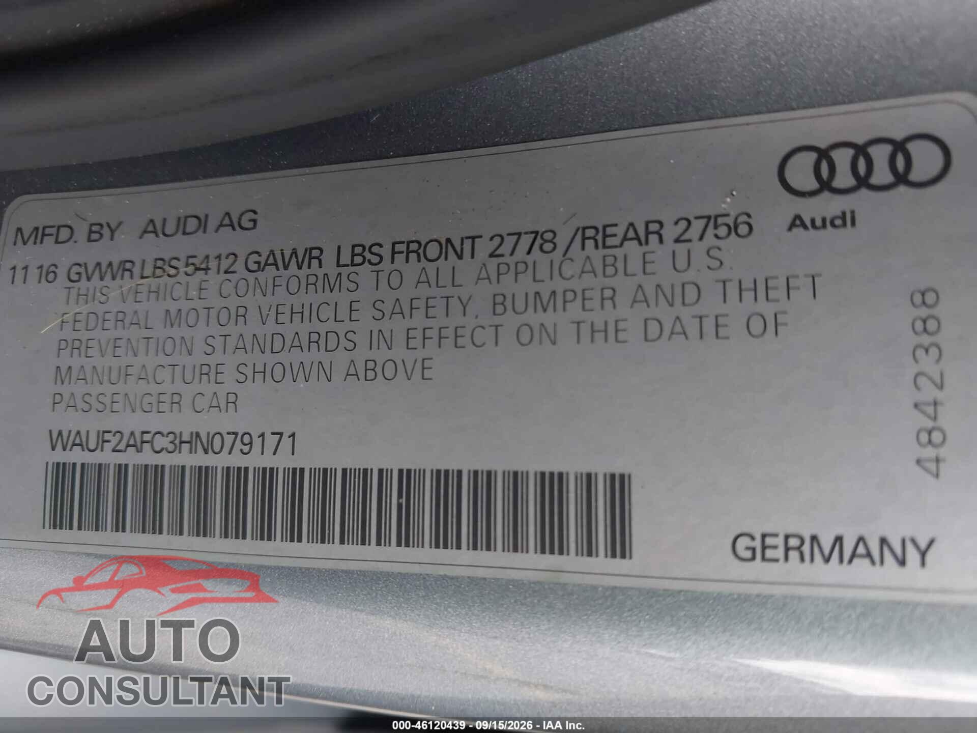 AUDI A6 2017 - WAUF2AFC3HN079171