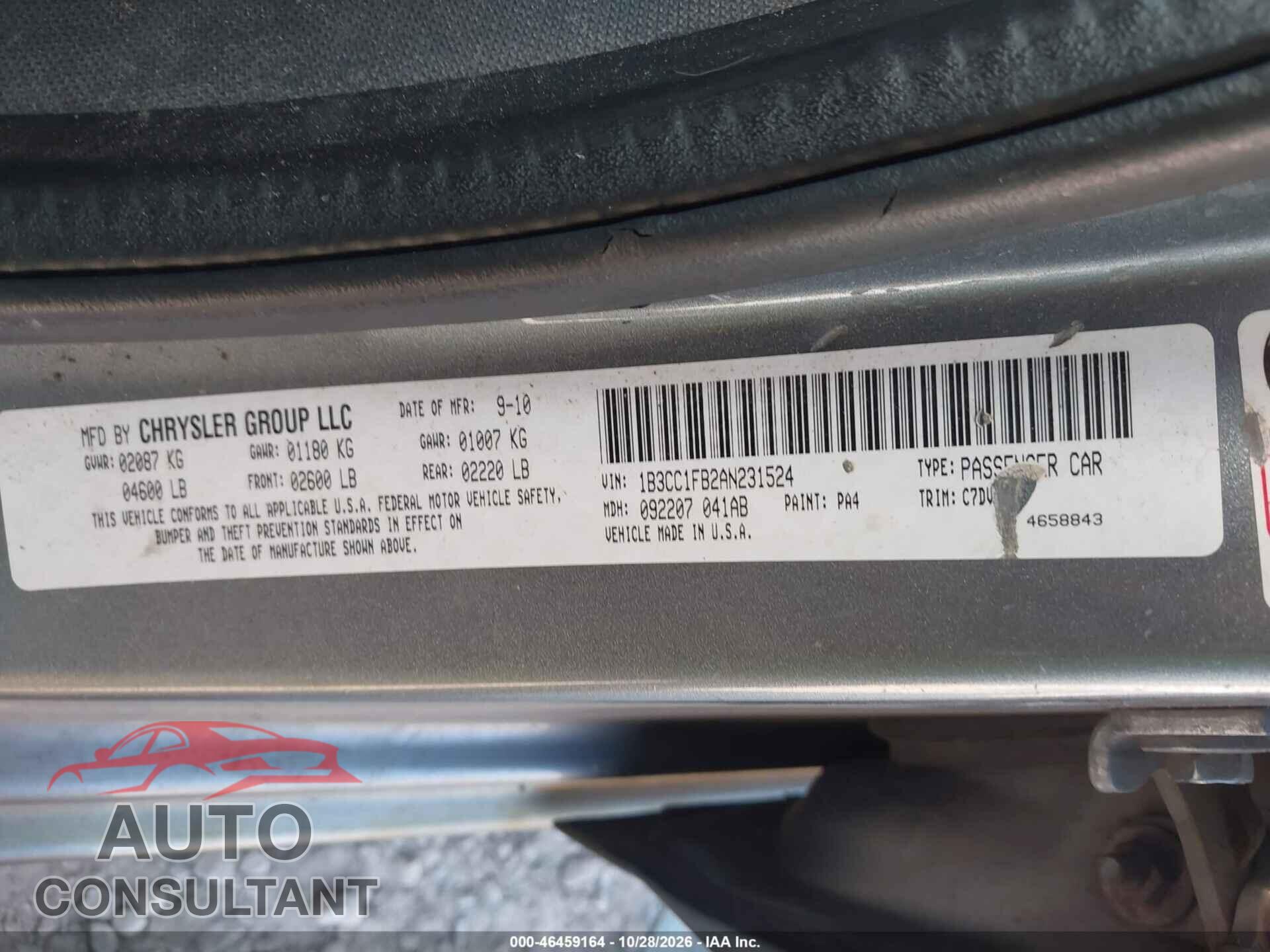 DODGE AVENGER 2010 - 1B3CC1FB2AN231524