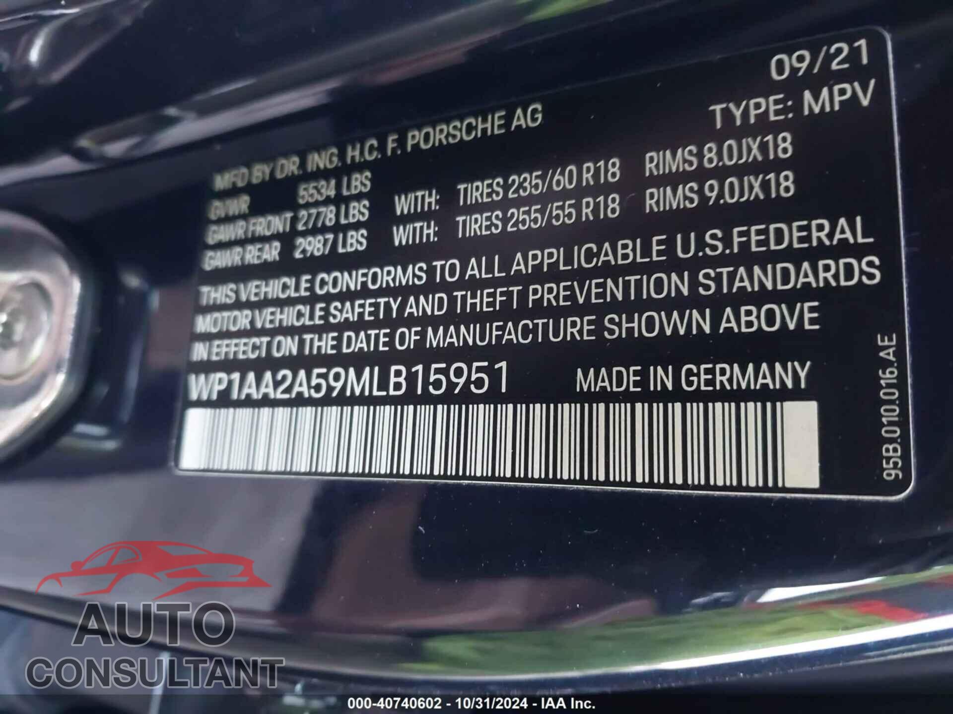 PORSCHE MACAN 2021 - WP1AA2A59MLB15951