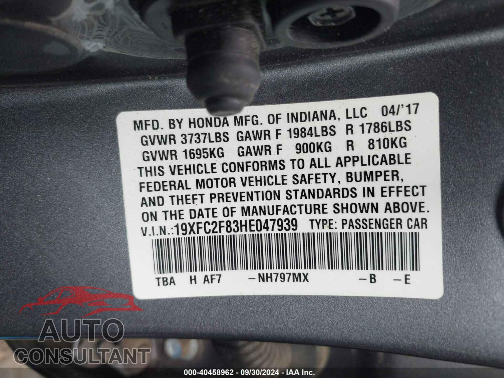HONDA CIVIC 2017 - 19XFC2F83HE047939