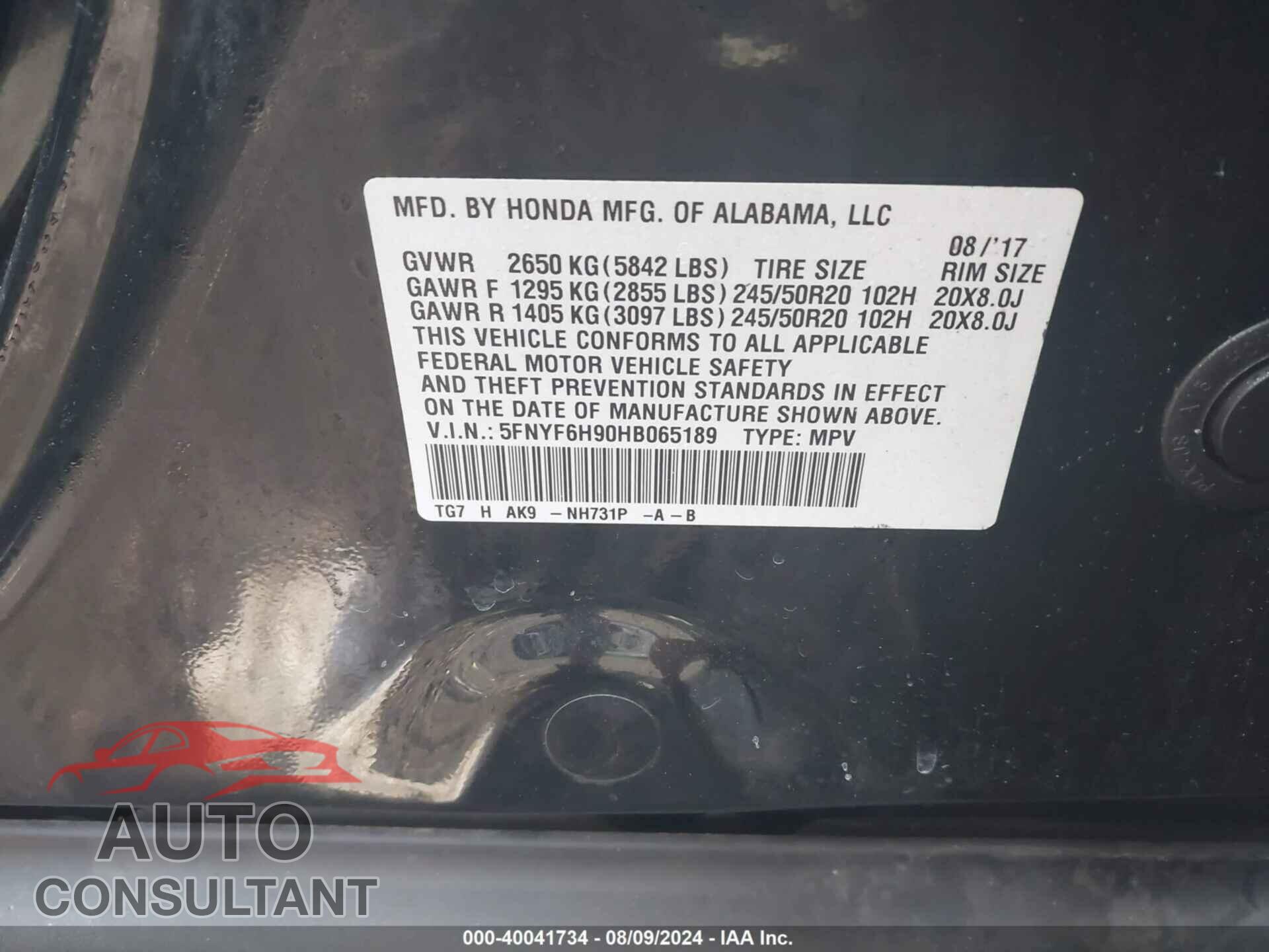 HONDA PILOT 2017 - 5FNYF6H90HB065189