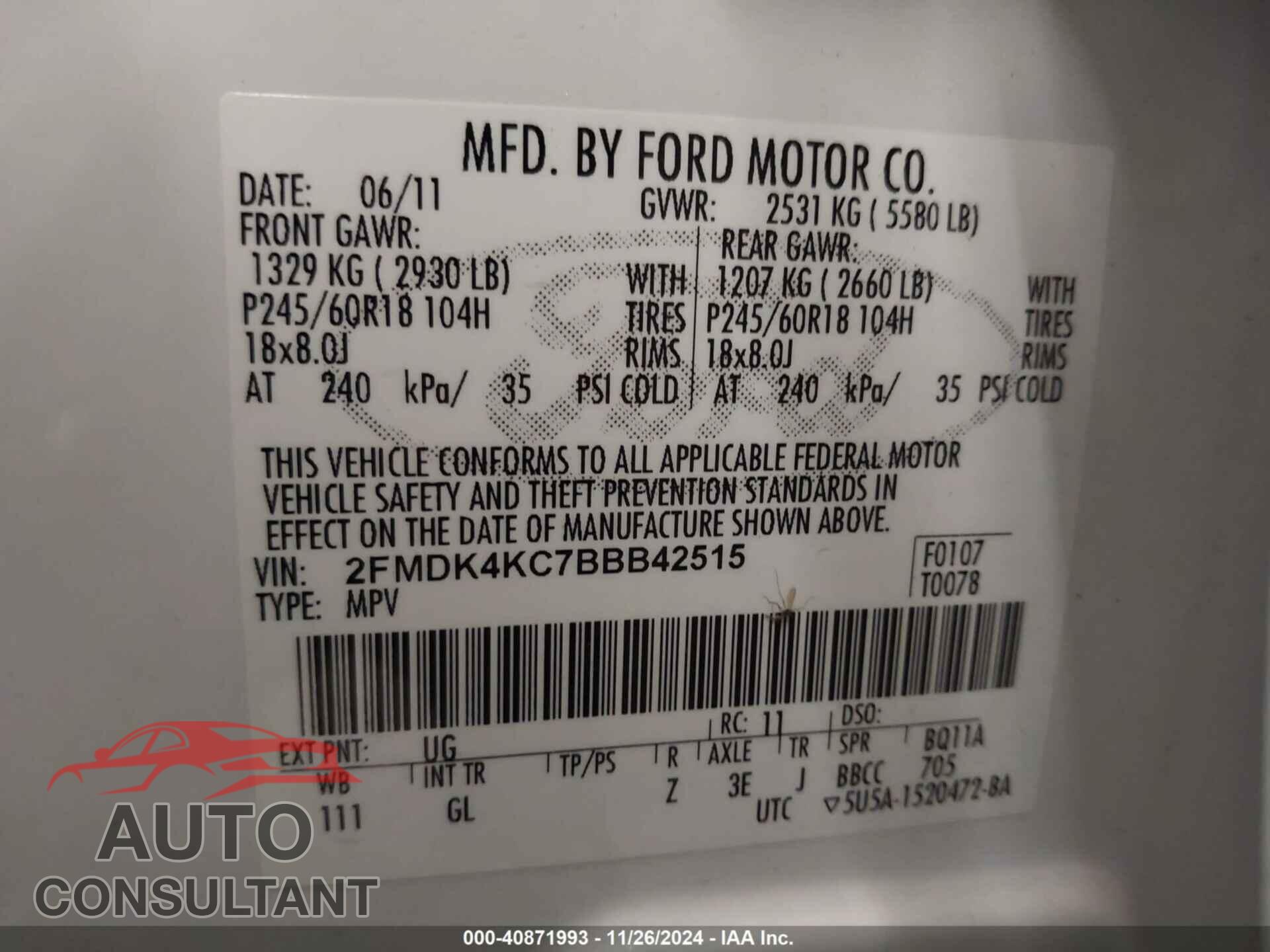 FORD EDGE 2011 - 2FMDK4KC7BBB42515