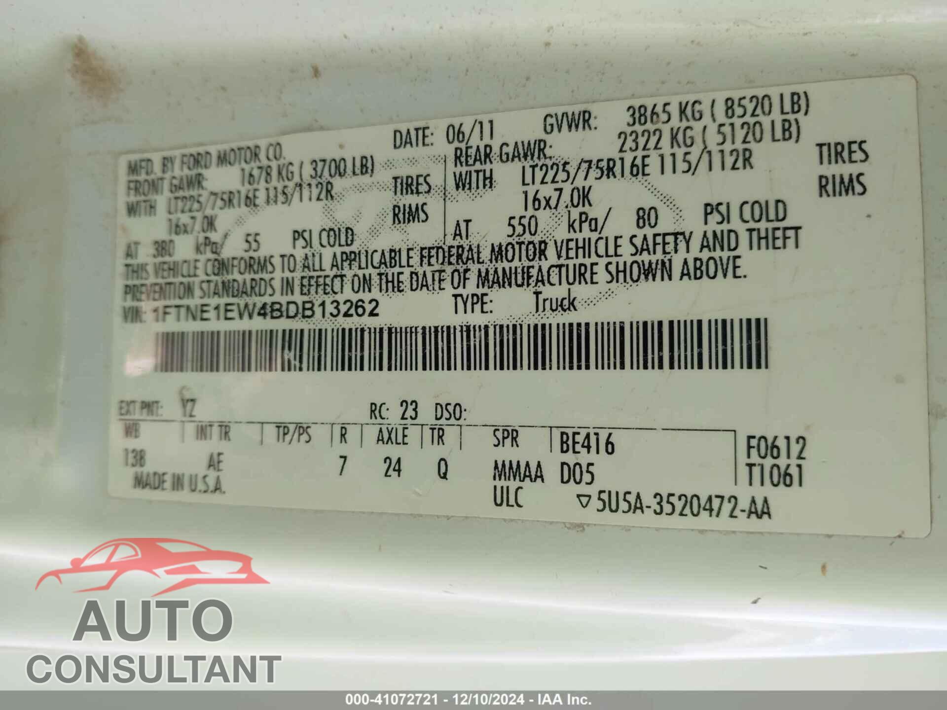 FORD E-150 2011 - 1FTNE1EW4BDB13262