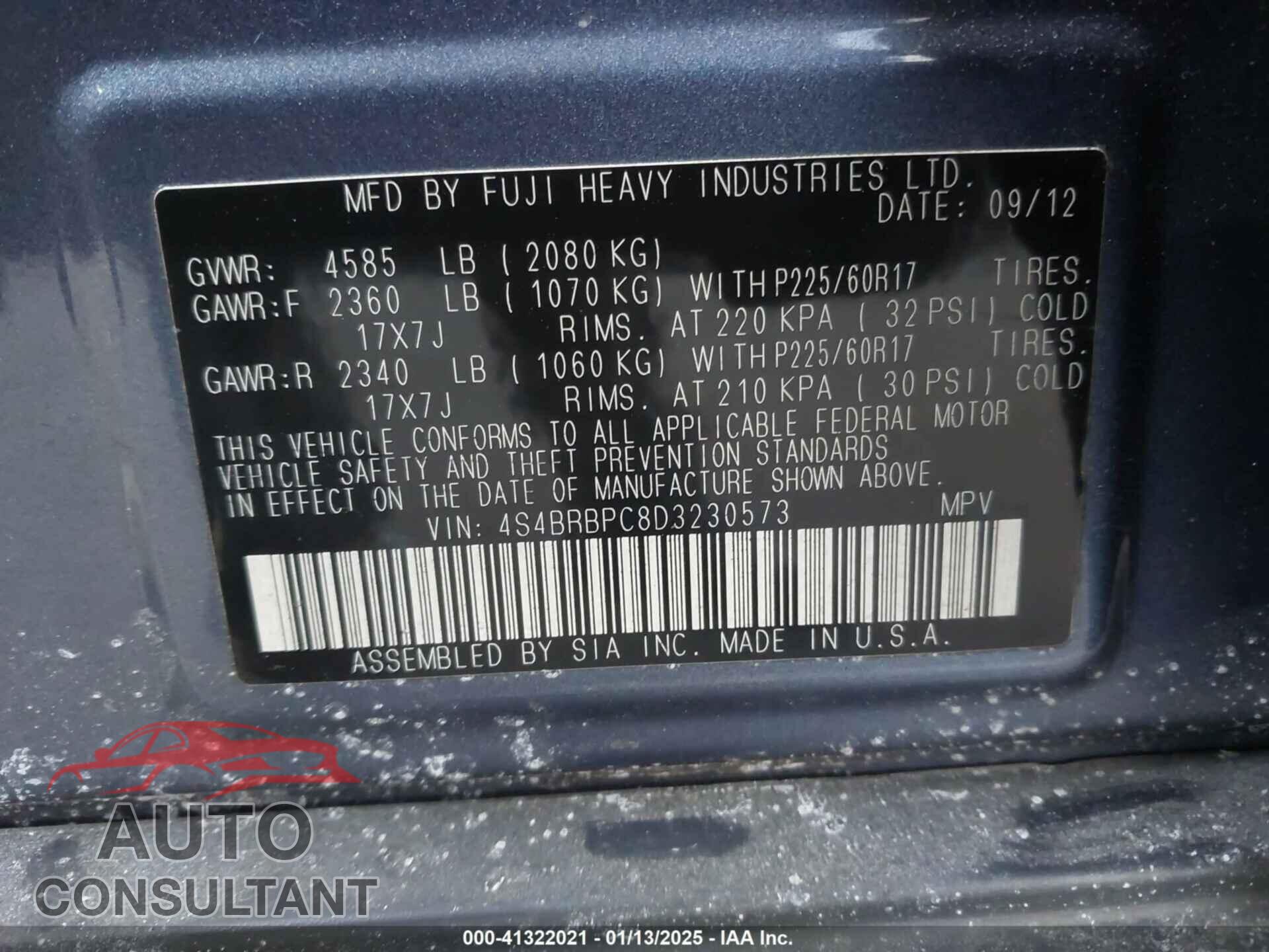 SUBARU OUTBACK 2013 - 4S4BRBPC8D3230573