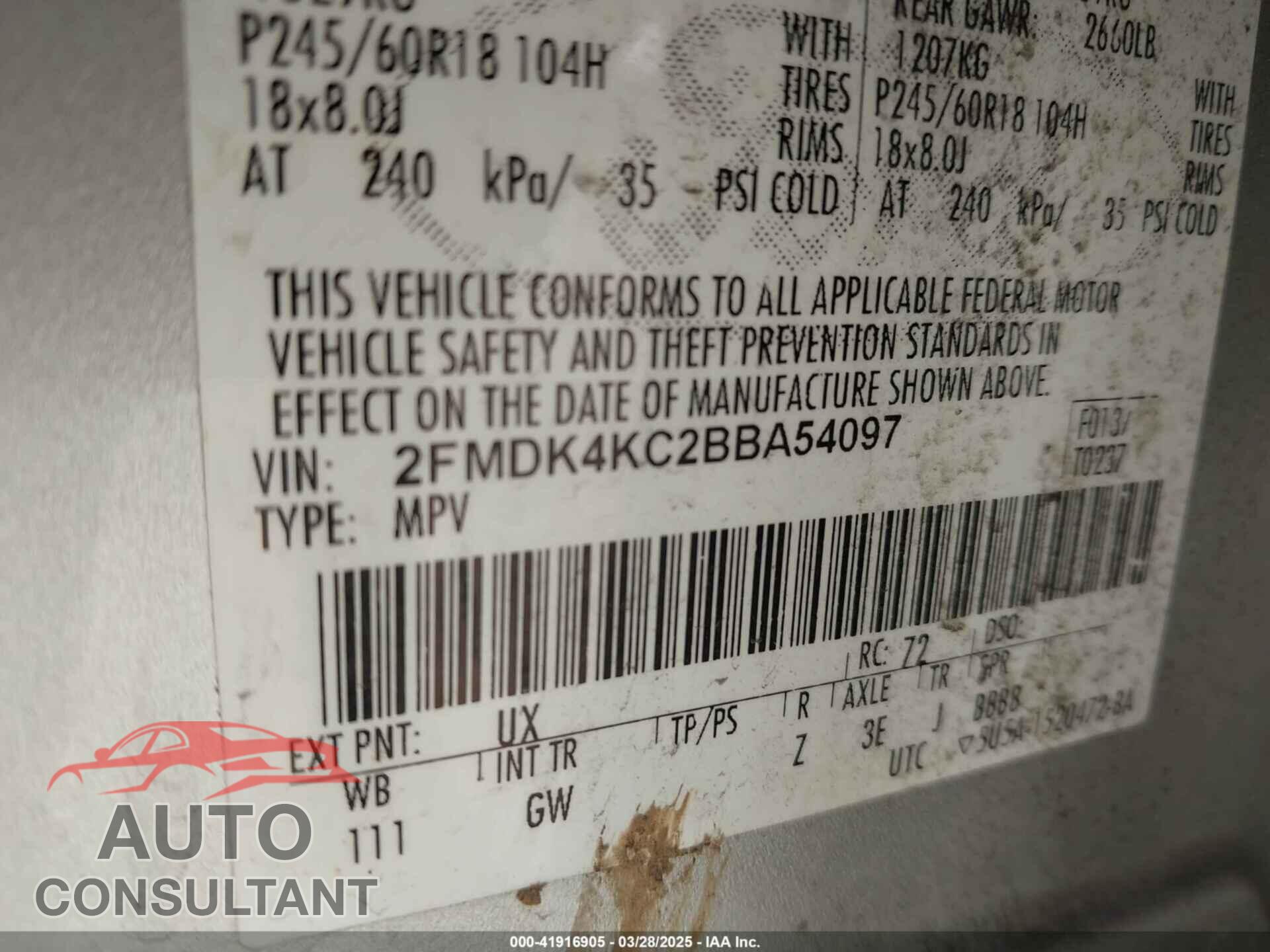 FORD EDGE 2011 - 2FMDK4KC2BBA54097