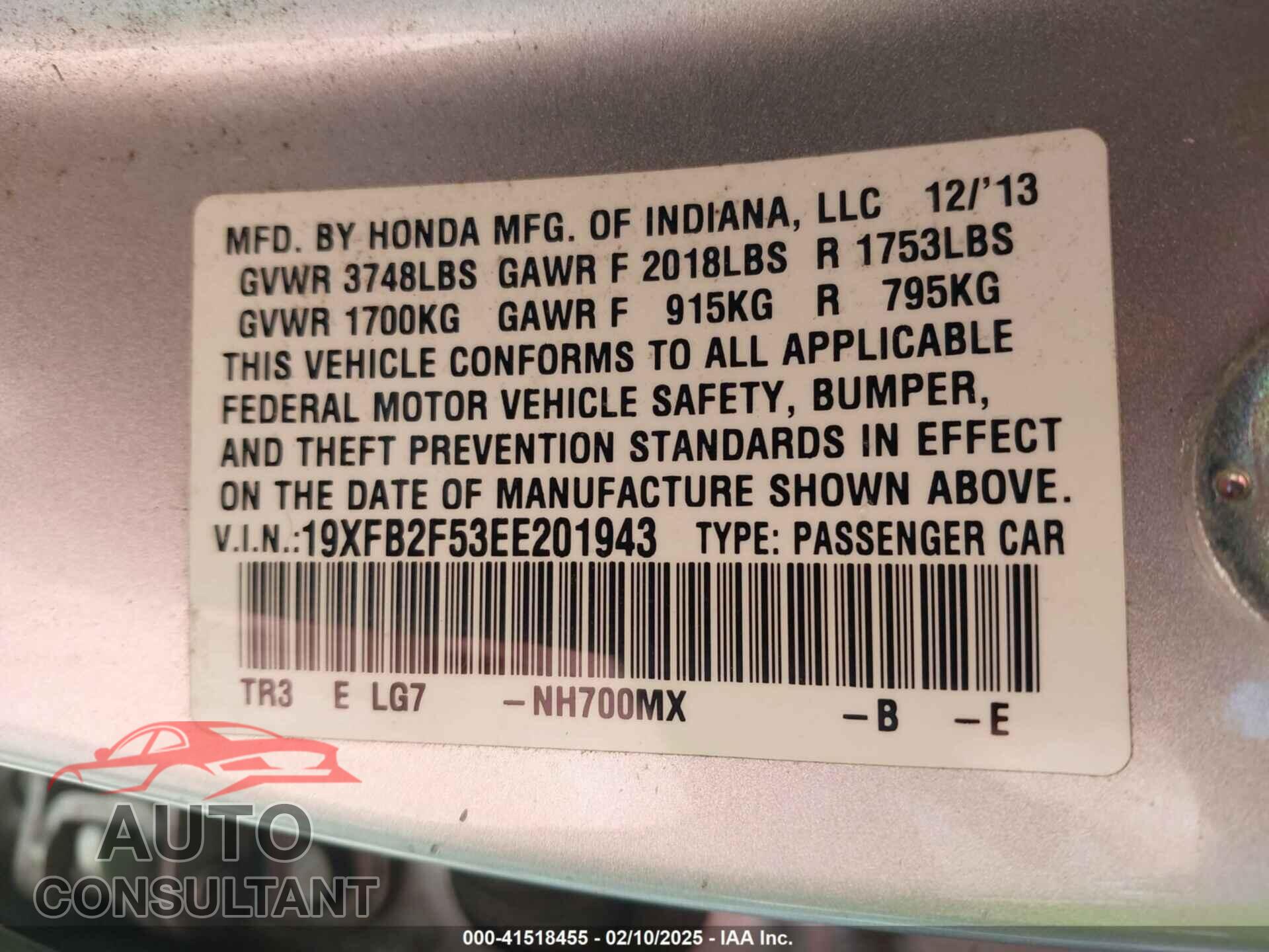 HONDA CIVIC 2014 - 19XFB2F53EE201943