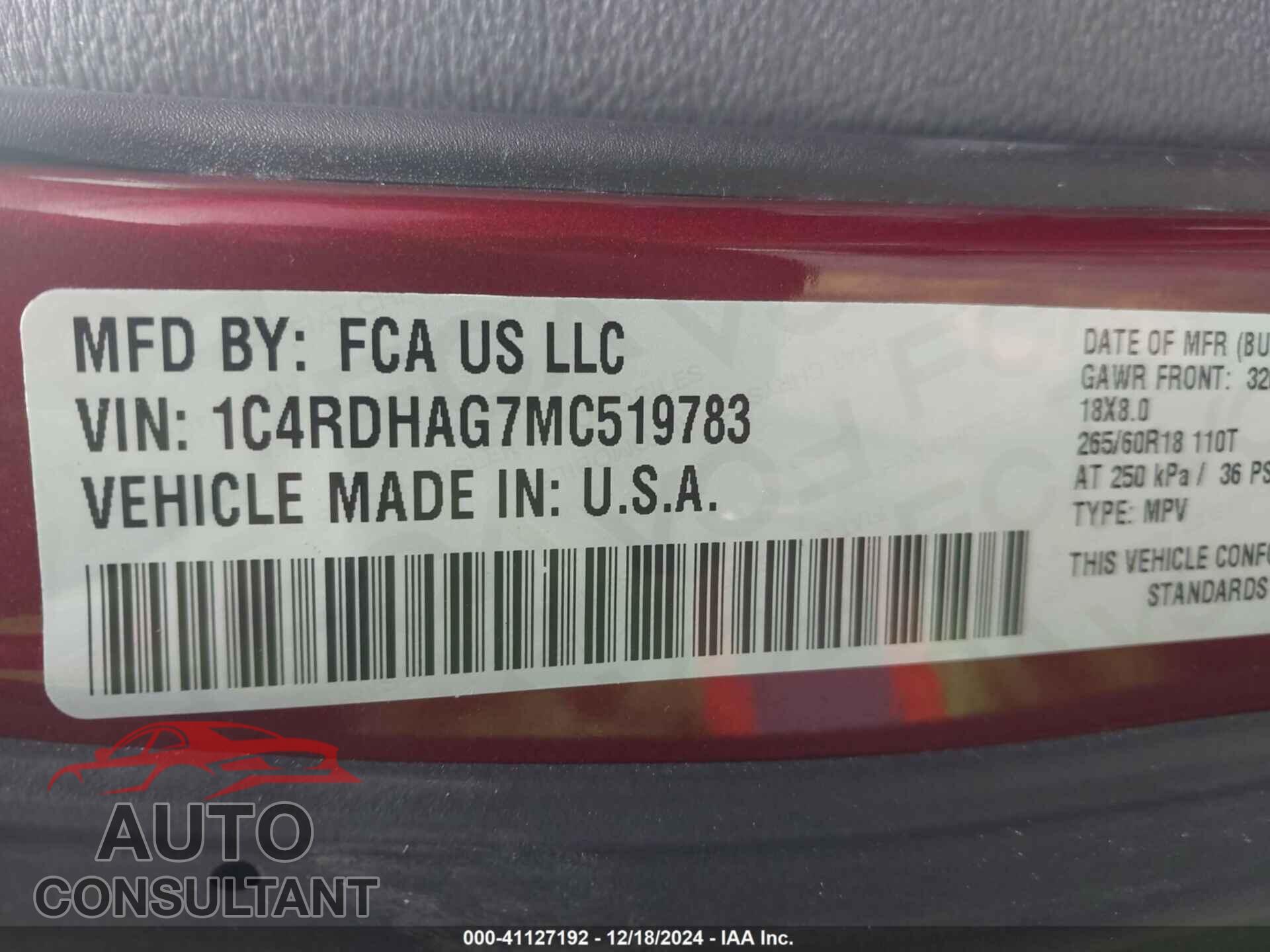DODGE DURANGO 2021 - 1C4RDHAG7MC519783