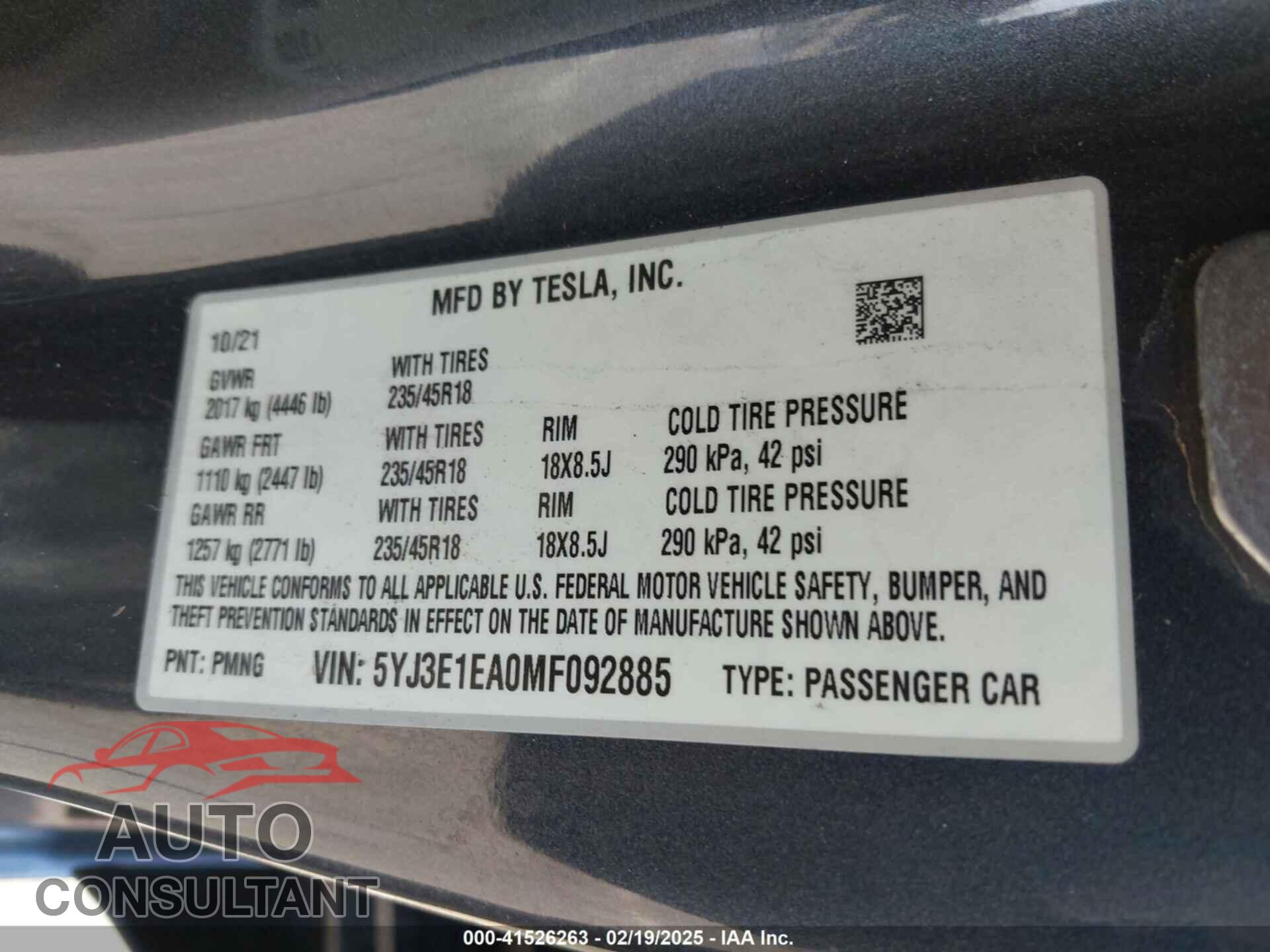 TESLA MODEL 3 2021 - 5YJ3E1EA0MF092885
