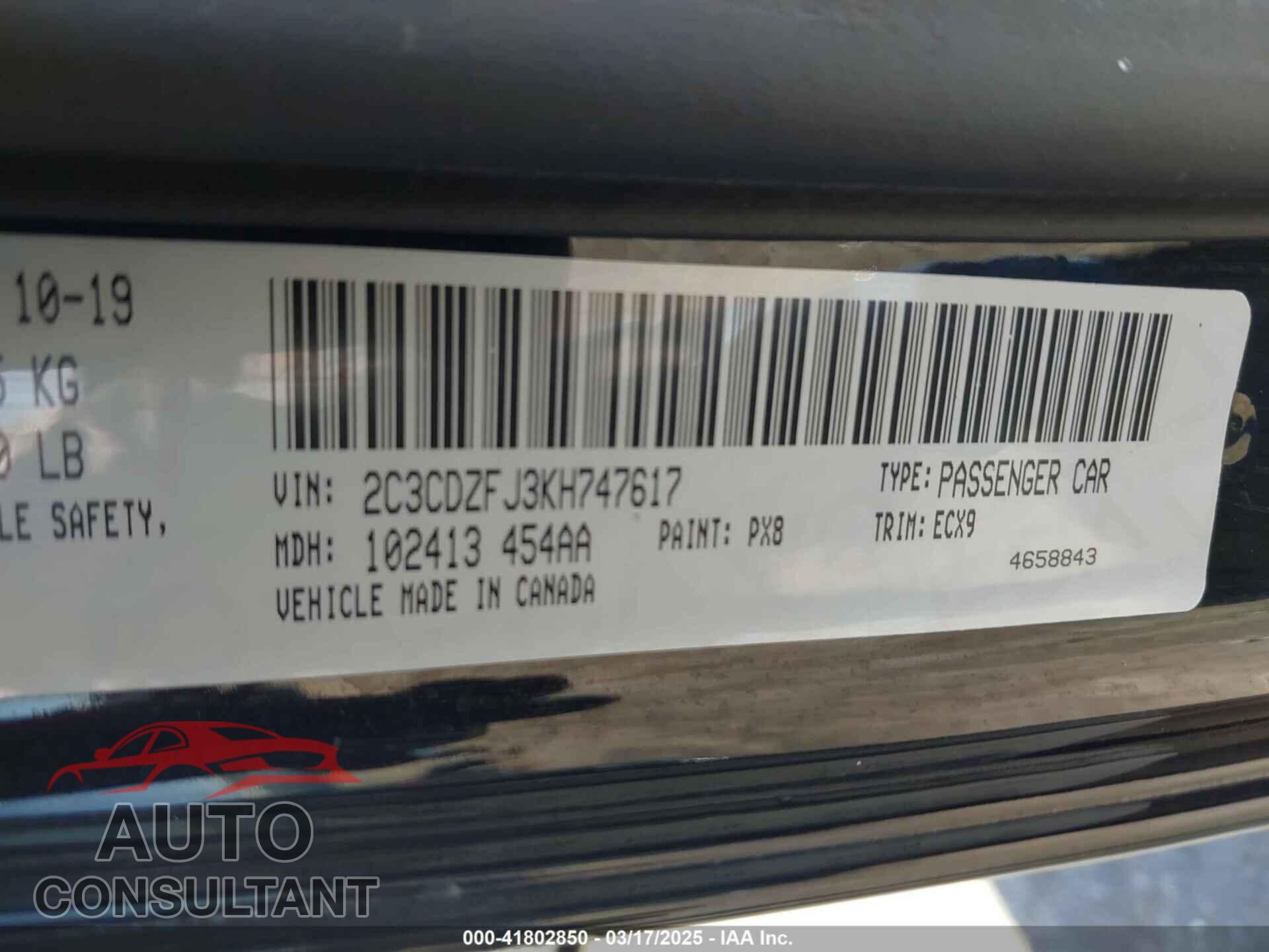 DODGE CHALLENGER 2019 - 2C3CDZFJ3KH747617
