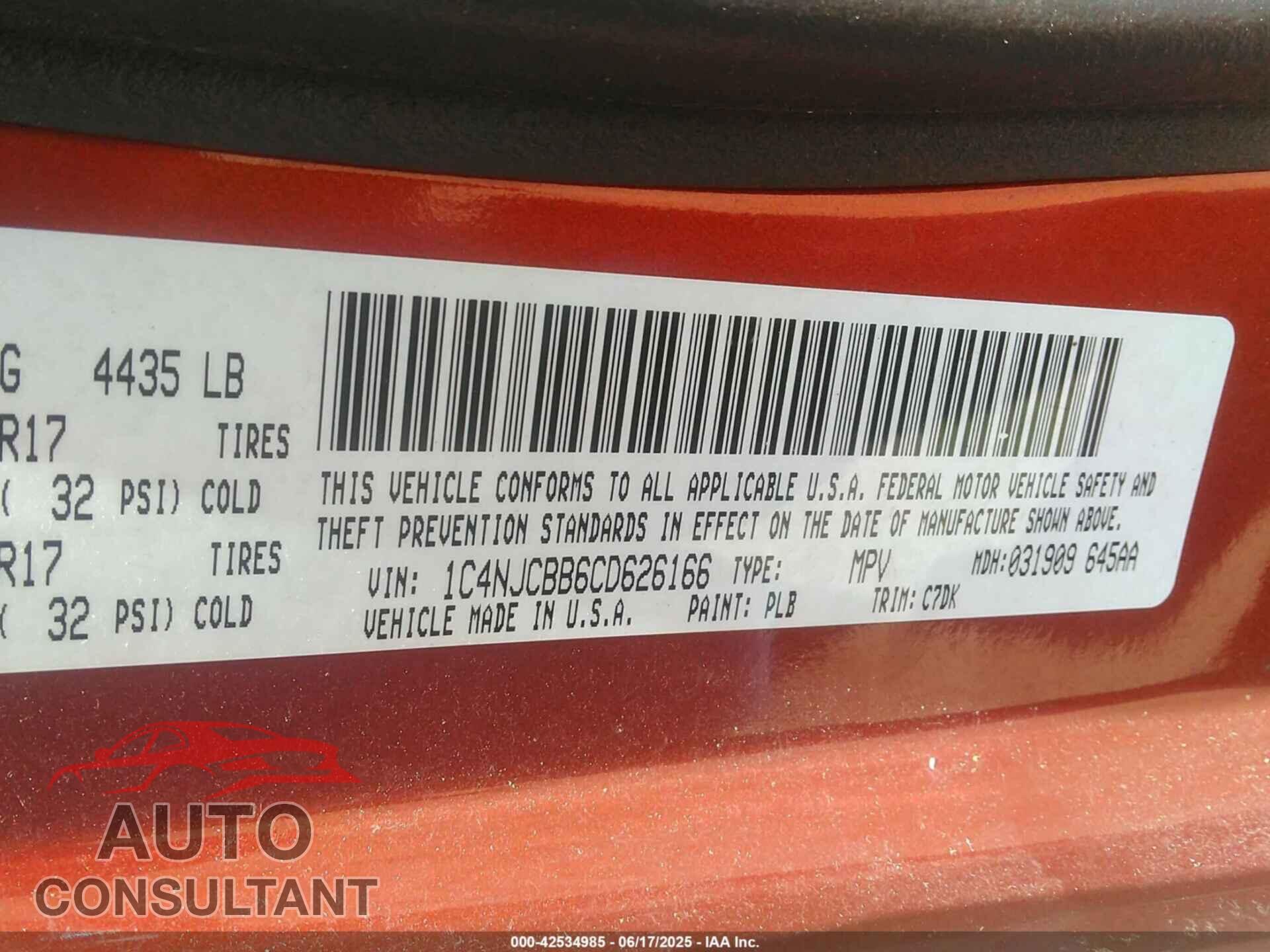 JEEP COMPASS 2012 - 1C4NJCBB6CD626166