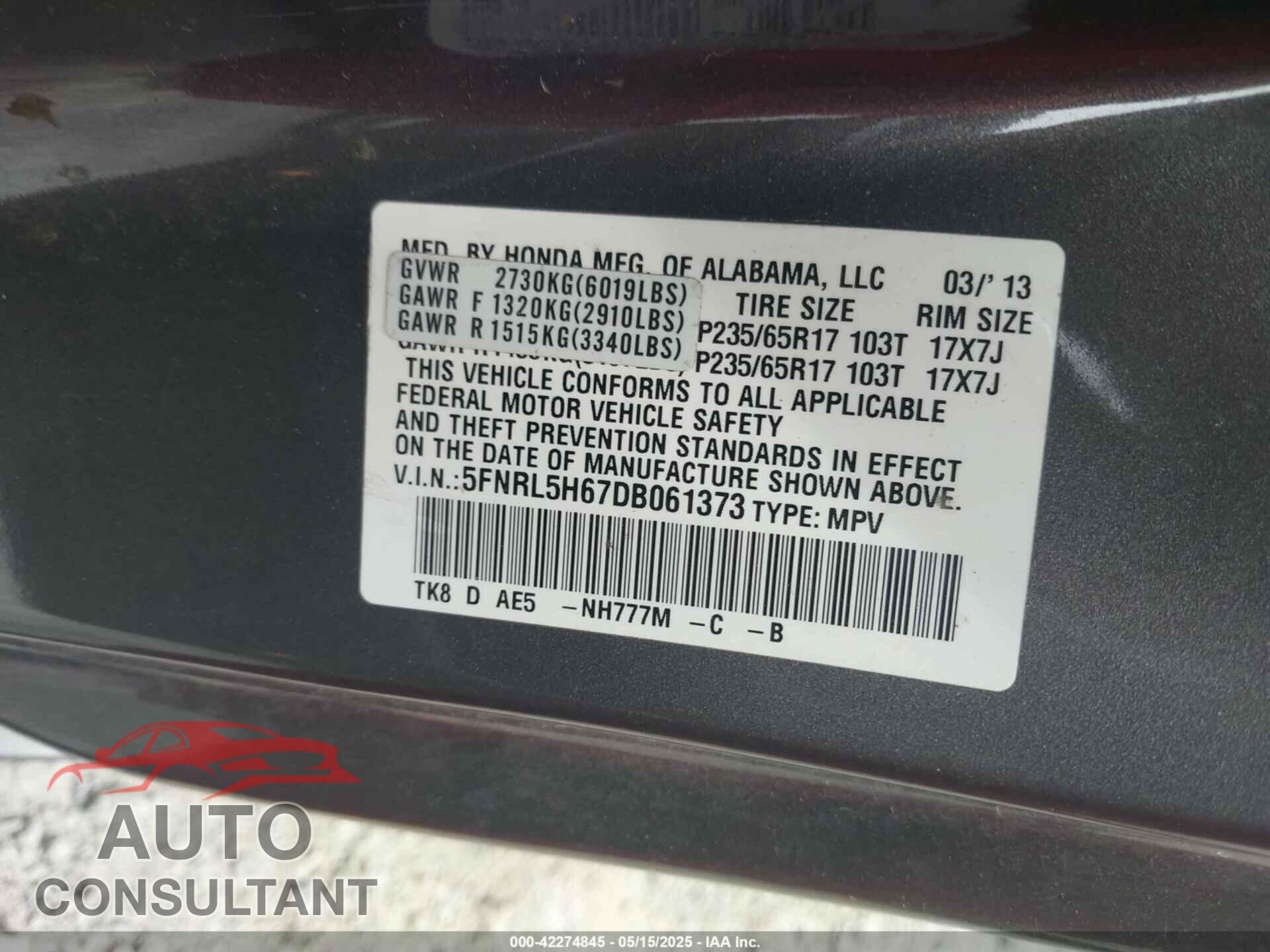 HONDA ODYSSEY 2013 - 5FNRL5H67DB061373