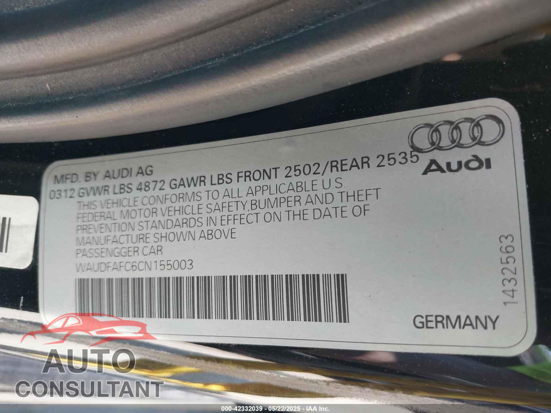 AUDI A6 2012 - WAUDFAFC6CN155003