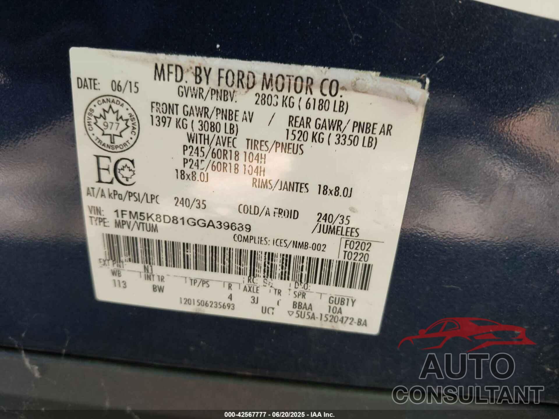 FORD EXPLORER 2016 - 1FM5K8D81GGA39689