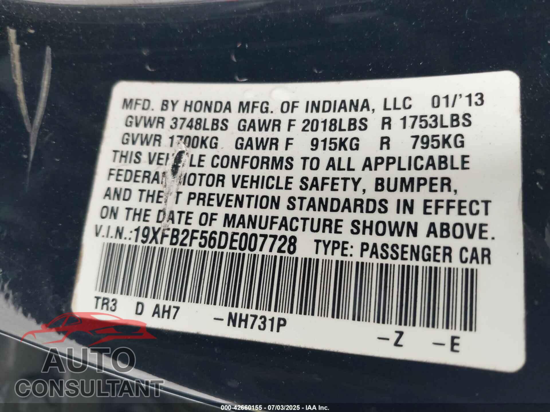 HONDA CIVIC 2013 - 19XFB2F56DE007728