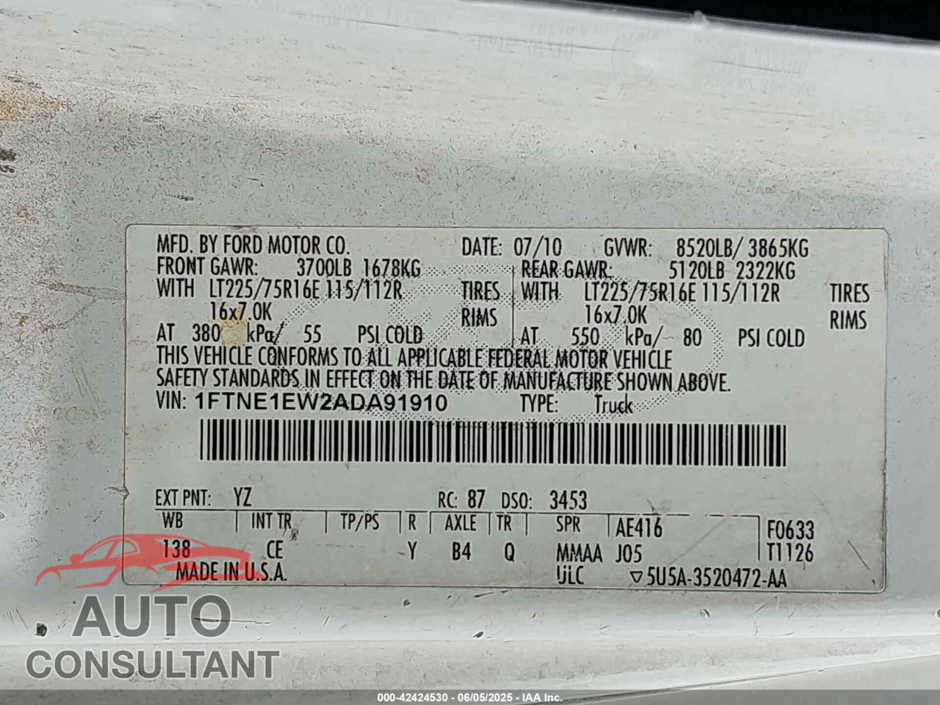 FORD E-150 2010 - 1FTNE1EW2ADA91910