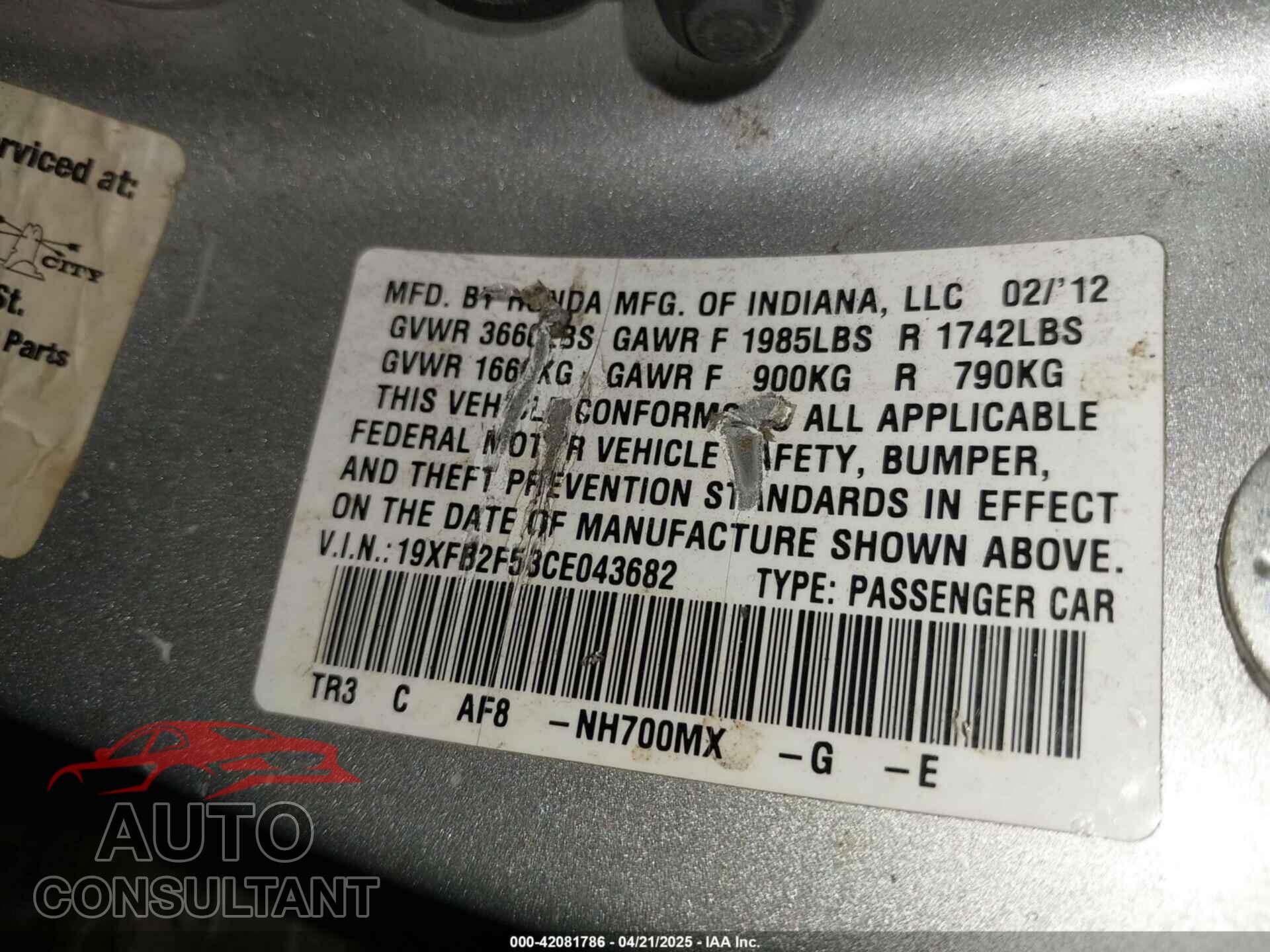 HONDA CIVIC 2012 - 19XFB2F53CE043682