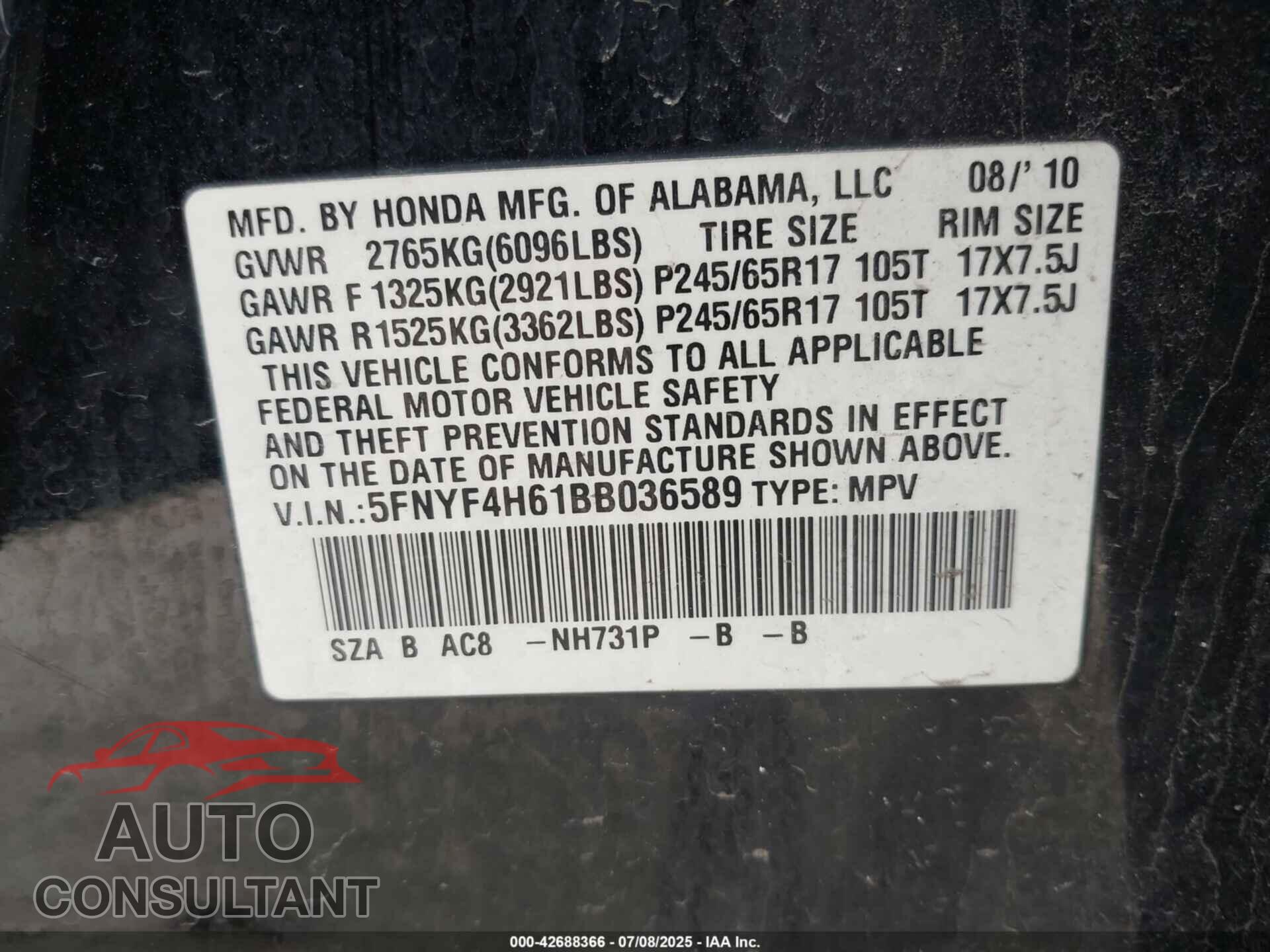 HONDA PILOT 2011 - 5FNYF4H61BB036589