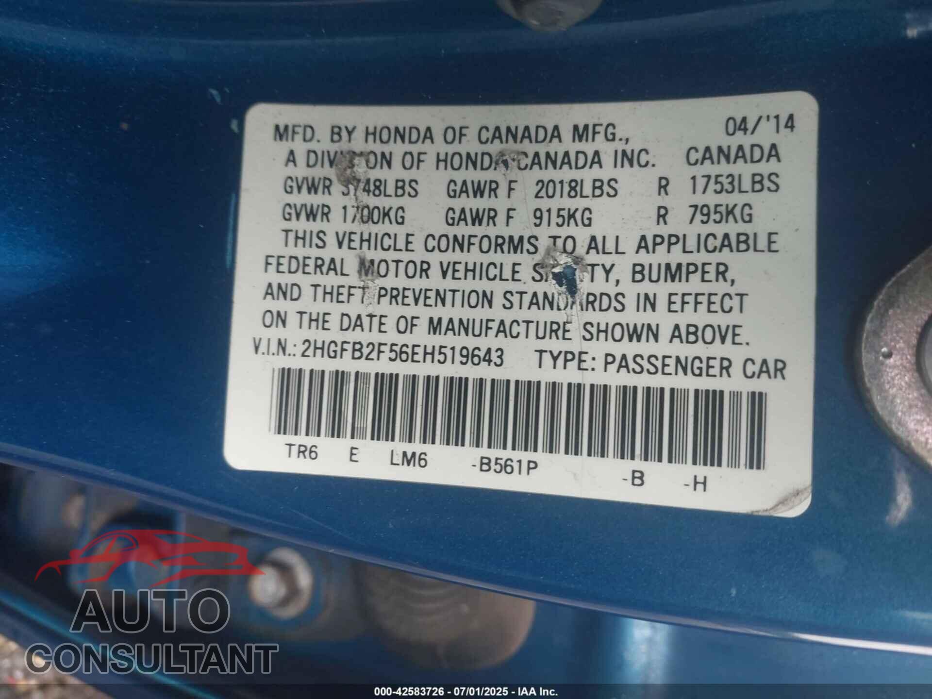 HONDA CIVIC 2014 - 2HGFB2F56EH519643