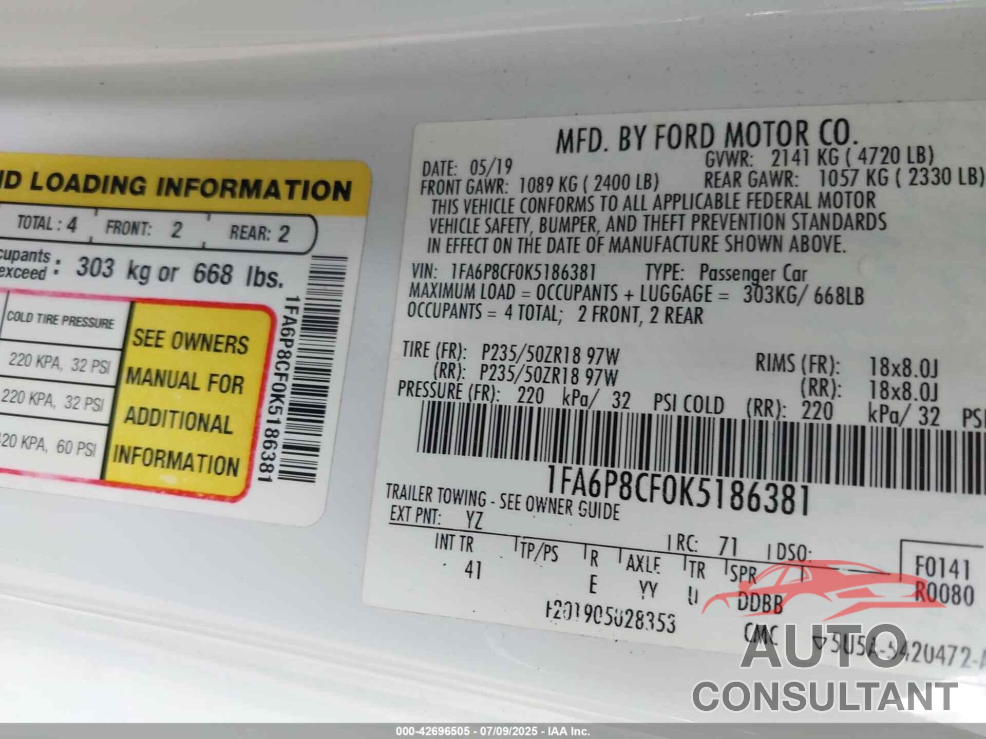 FORD MUSTANG 2019 - 1FA6P8CF0K5186381