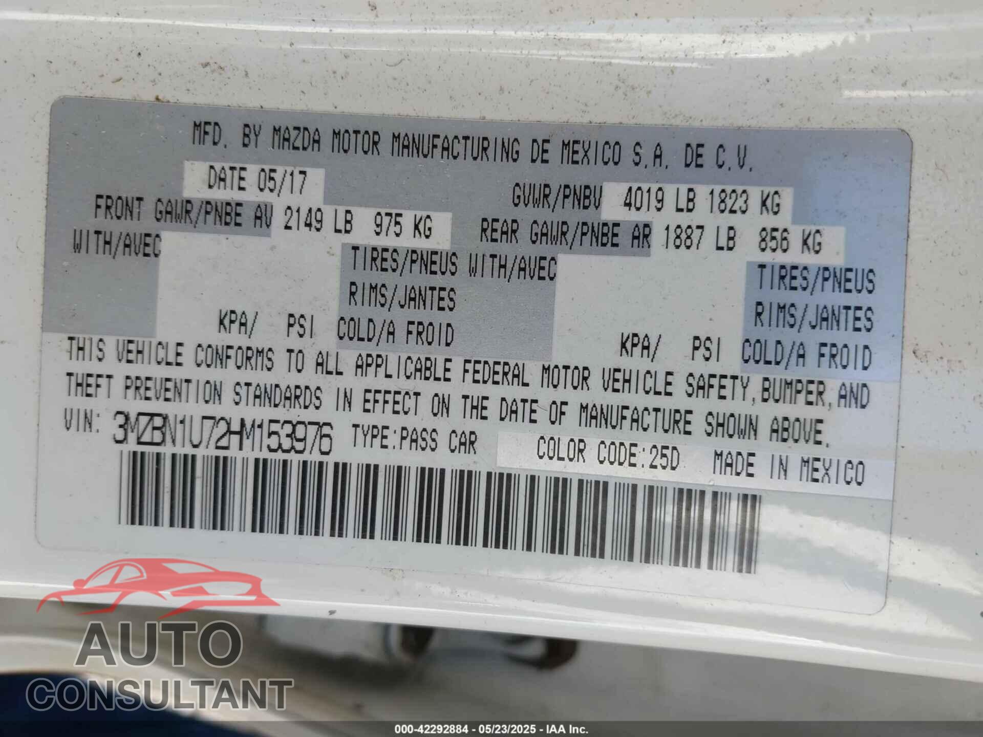 MAZDA MAZDA3 2017 - 3MZBN1U72HM153976