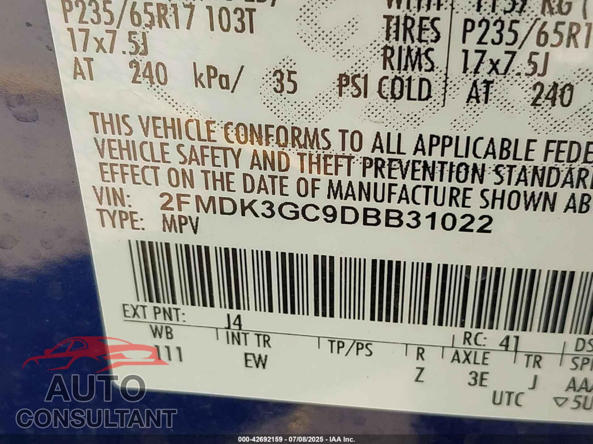 FORD EDGE 2013 - 2FMDK3GC9DBB31022