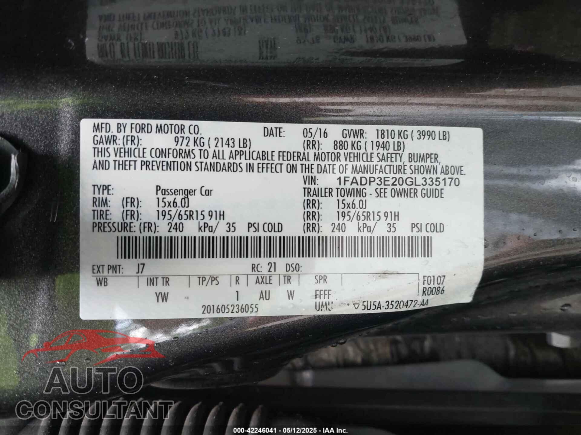 FORD FOCUS 2016 - 1FADP3E20GL335170