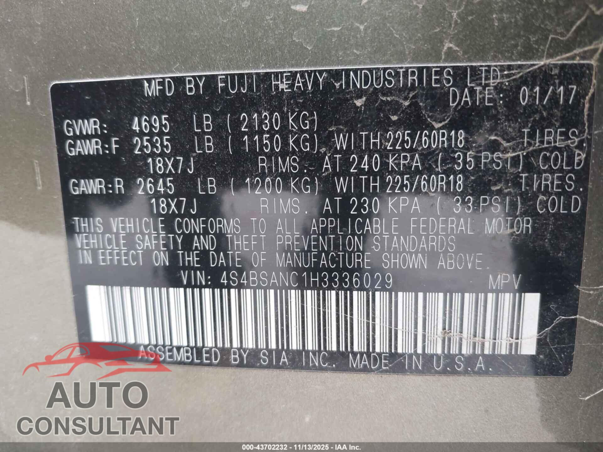 SUBARU OUTBACK 2017 - 4S4BSANC1H3336029