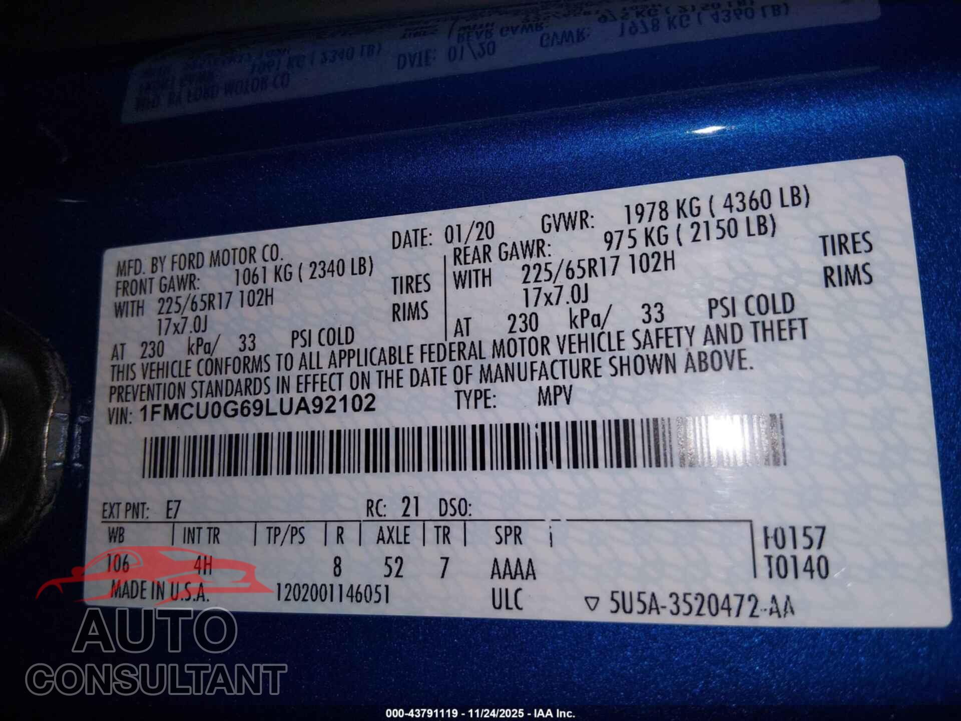 FORD ESCAPE 2020 - 1FMCU0G69LUA92102