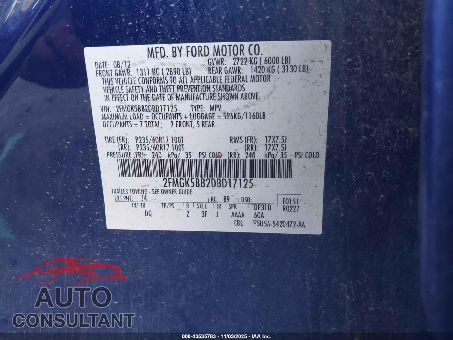 FORD FLEX 2013 - 2FMGK5B82DBD17125