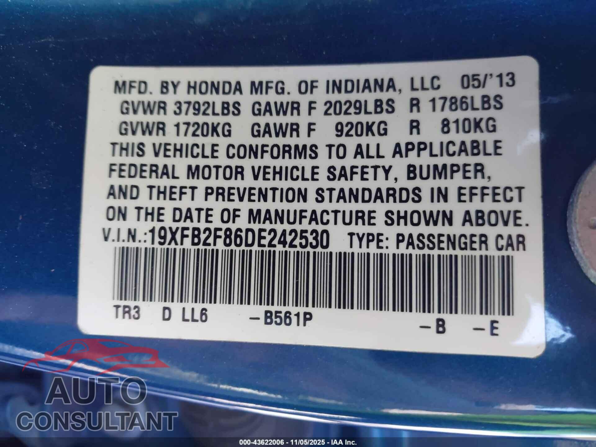 HONDA CIVIC 2013 - 19XFB2F86DE242530