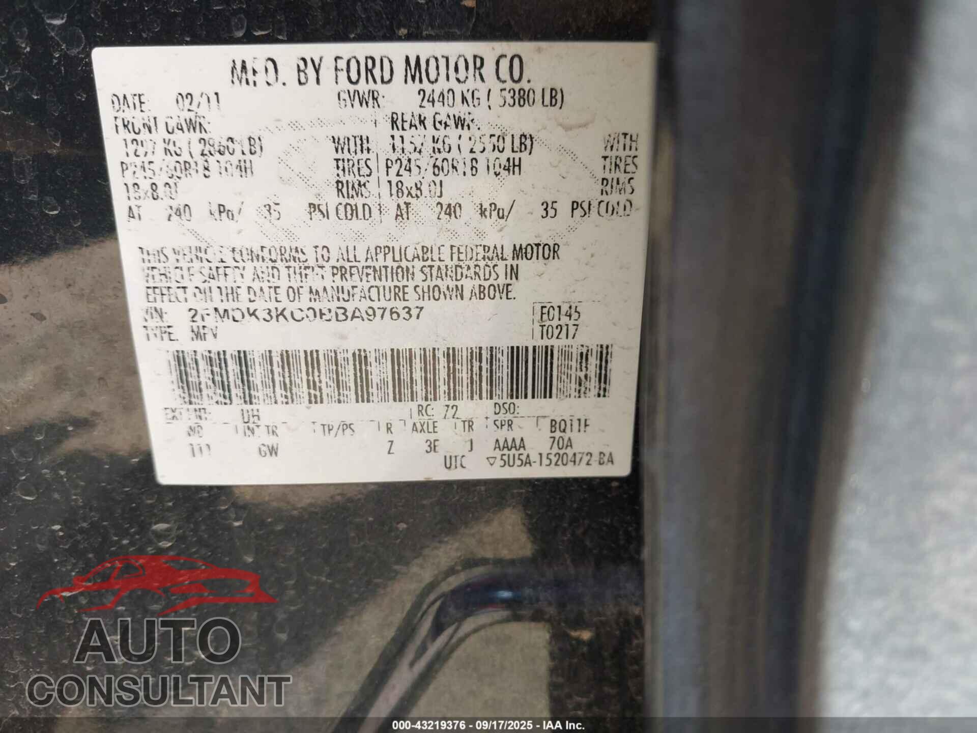 FORD EDGE 2011 - 2FMDK3KC0BBA97637