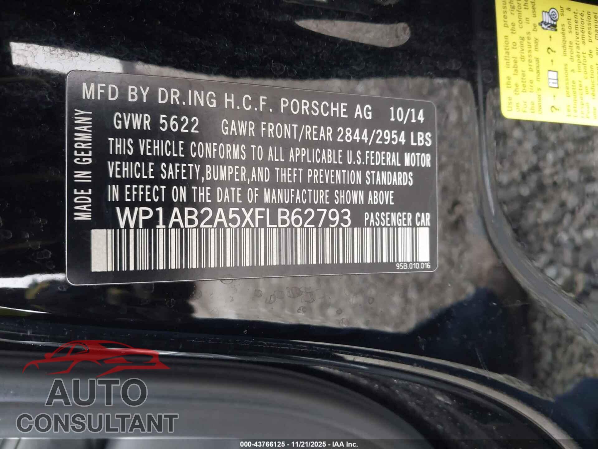 PORSCHE MACAN 2015 - WP1AB2A5XFLB62793