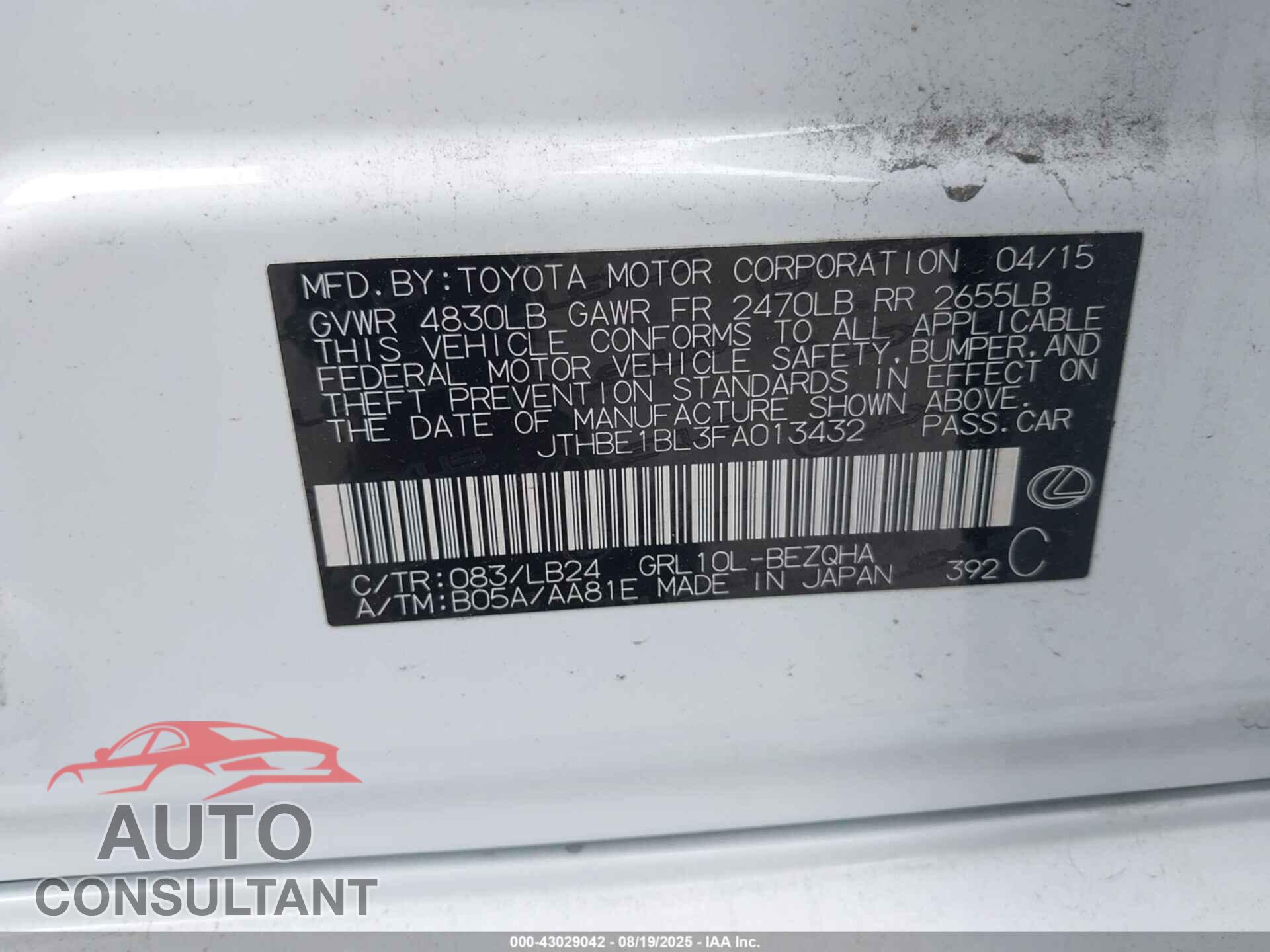 LEXUS GS 350 2015 - JTHBE1BL3FA013432