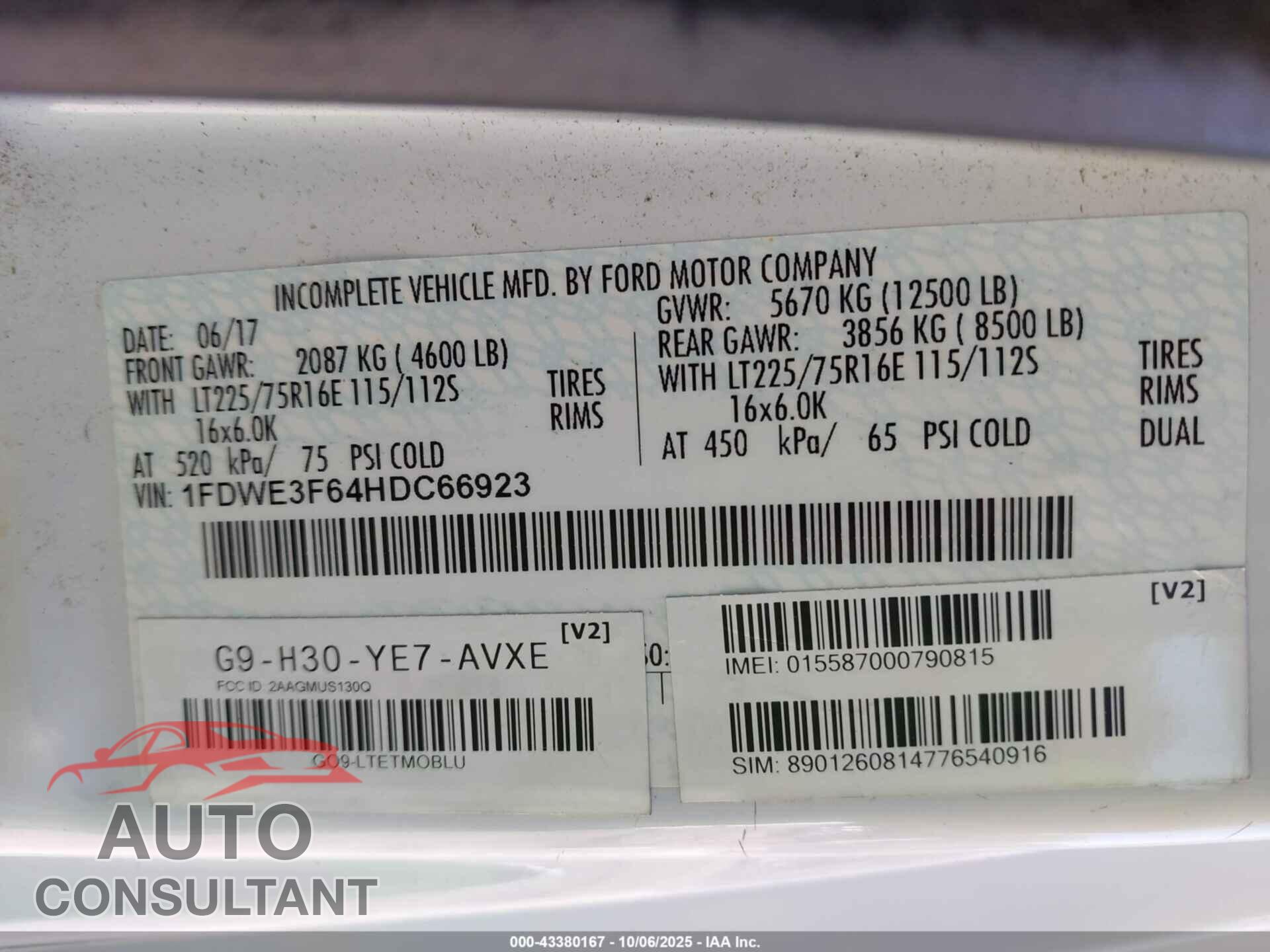 FORD E-350 CUTAWAY 2017 - 1FDWE3F64HDC66923